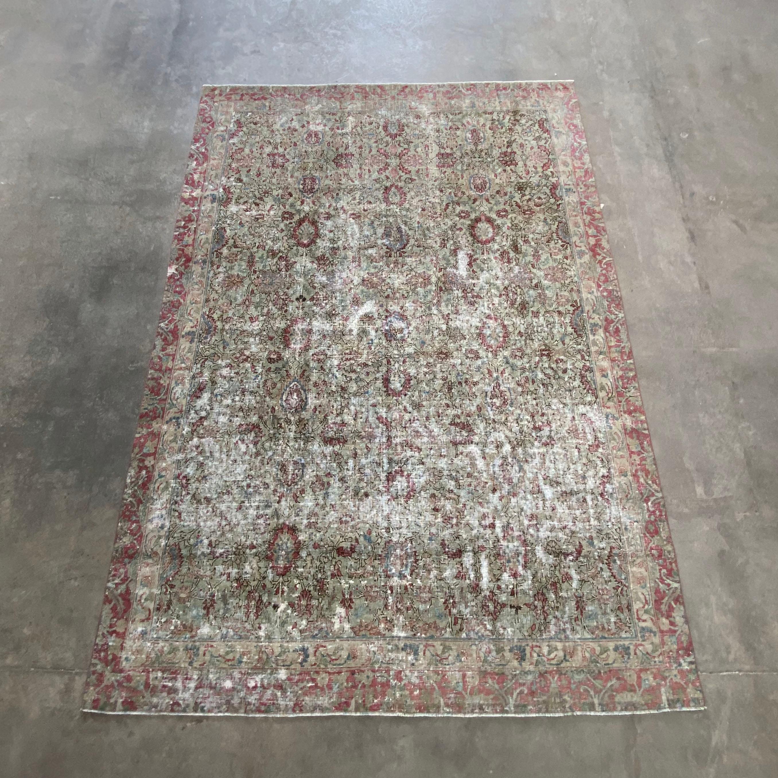 Vintage Turkish Rug with Faded Red and Moss Colors For Sale 1