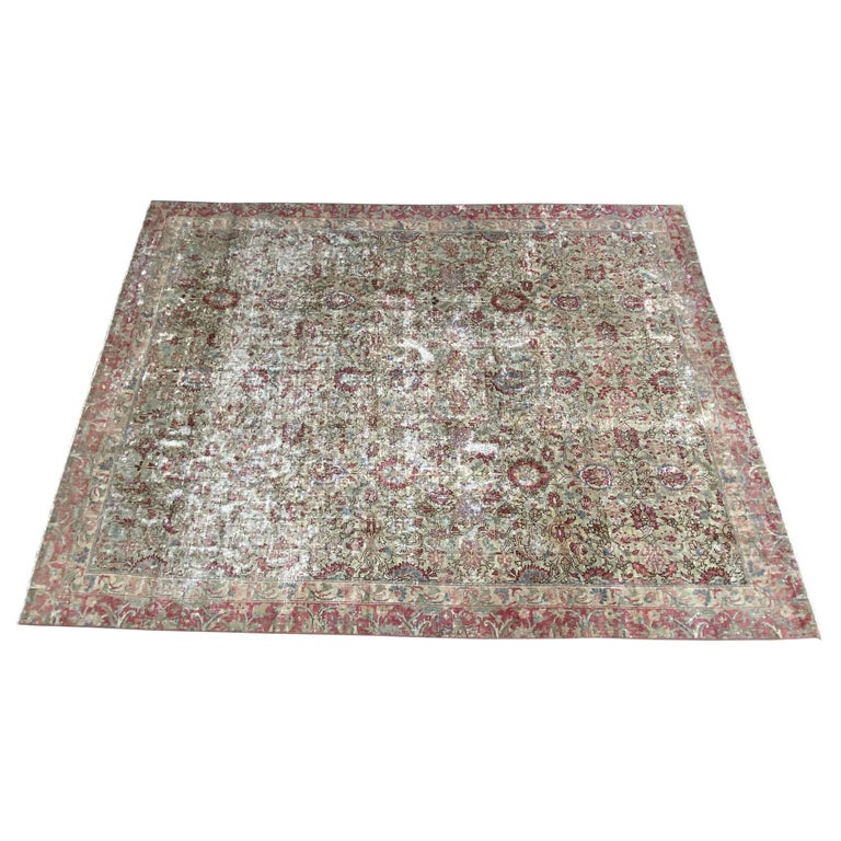 Vintage Turkish Rug with Faded Red and Moss Colors For Sale at 1stDibs