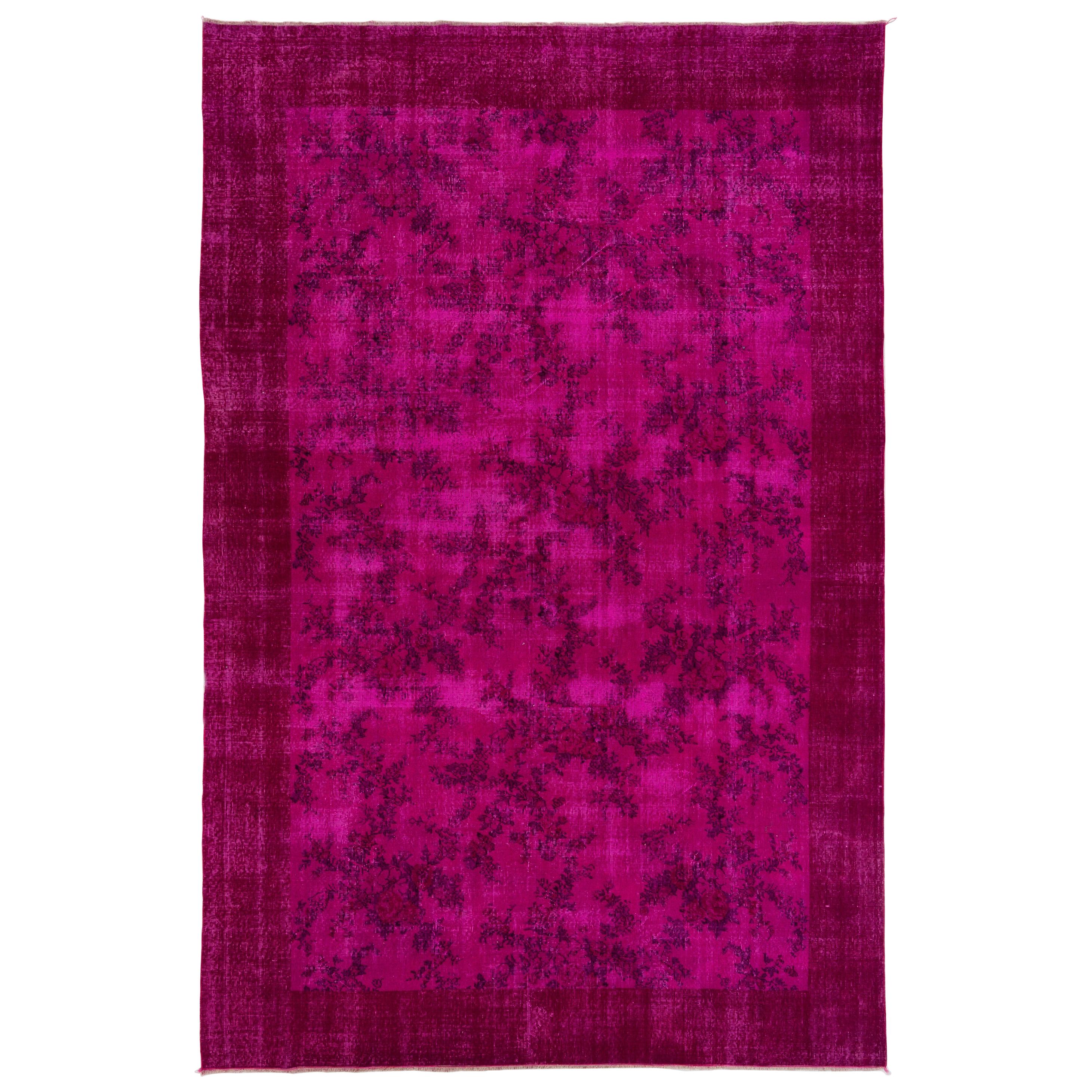Vintage Turkish Rug with Floral Design Re-Dyed in Fuschia Pink Color