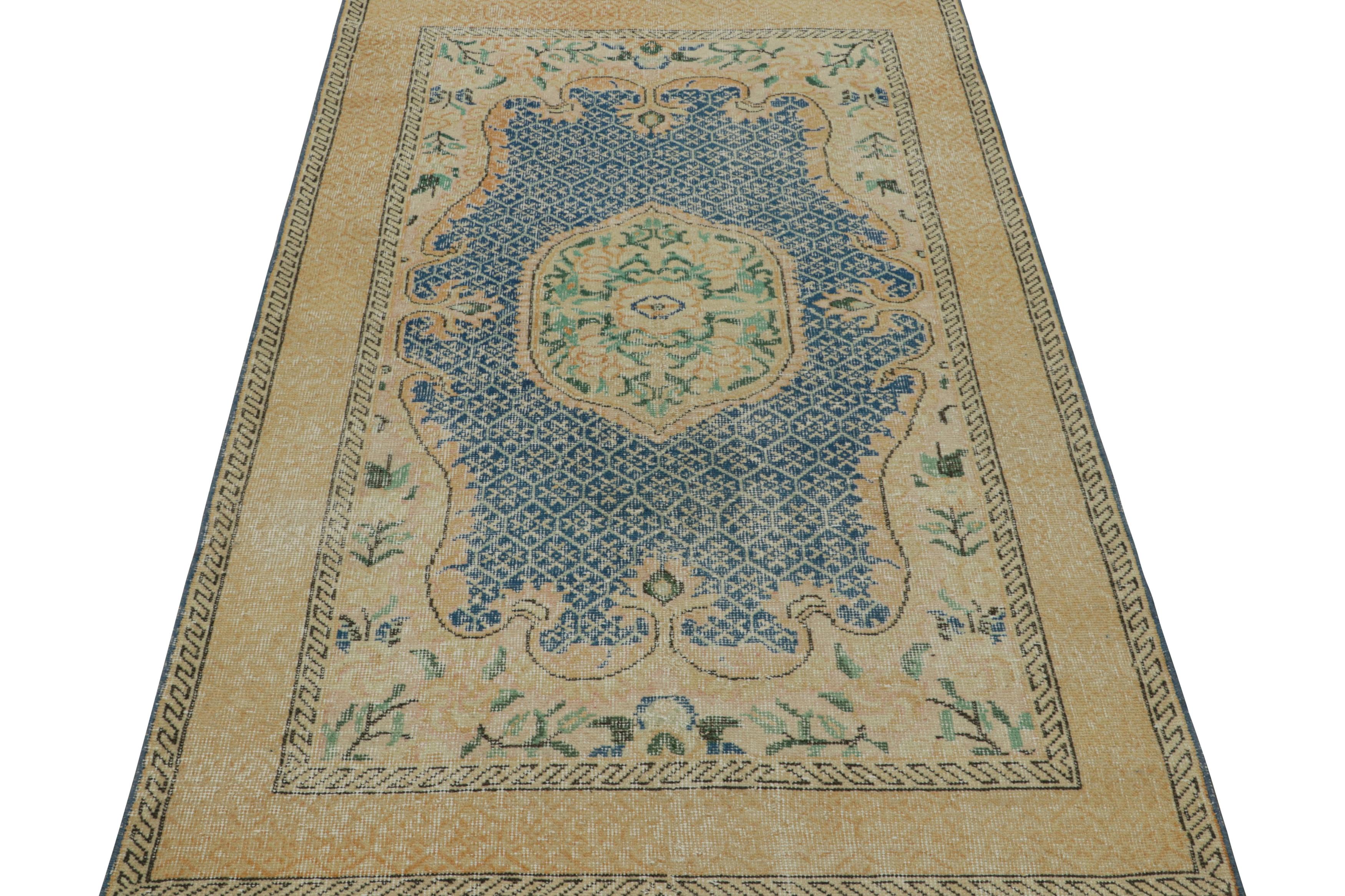 Aubusson Vintage Turkish Rug with Gold Medallion and Blue Open field, from Rug & Kilim For Sale