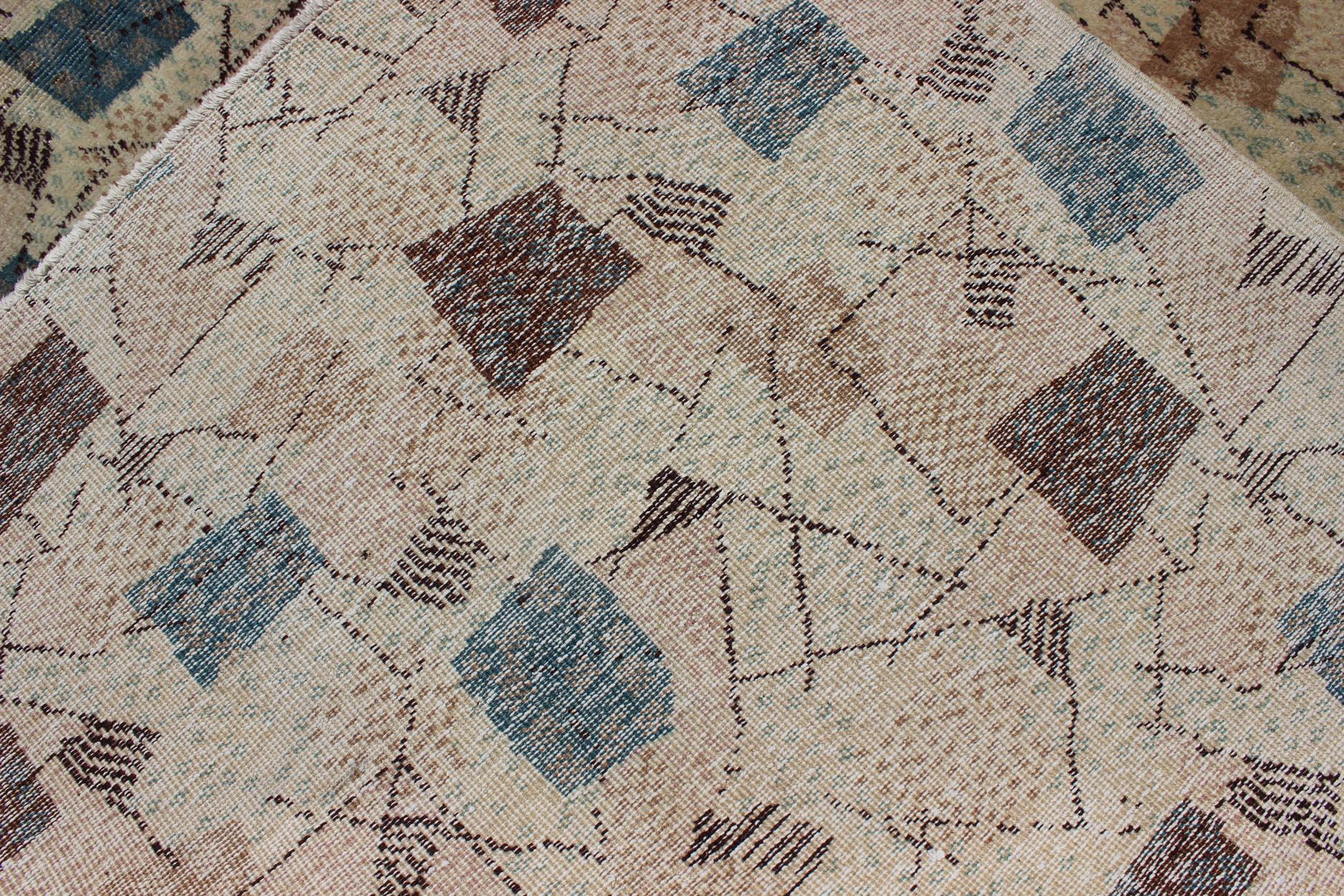 Vintage Turkish rug with Mid-Century Modern Design in Dusty Blue, Brown, L.Green For Sale 5