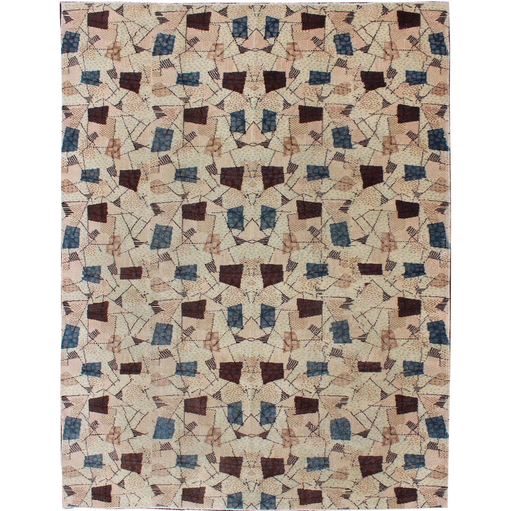 Vintage Turkish rug with Mid-Century Modern Design in Dusty Blue, Brown, L.Green For Sale
