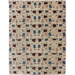 Retro Turkish rug with Mid-Century Modern Design in Dusty Blue, Brown, L.Green
