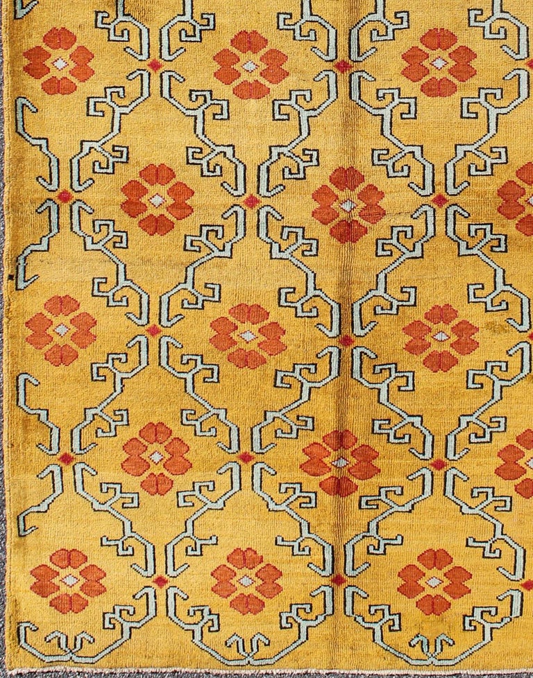 Mid-Century Modern Vintage Turkish Rug with Modern Design in Bright Yellow, Tangerine and L. Blue For Sale