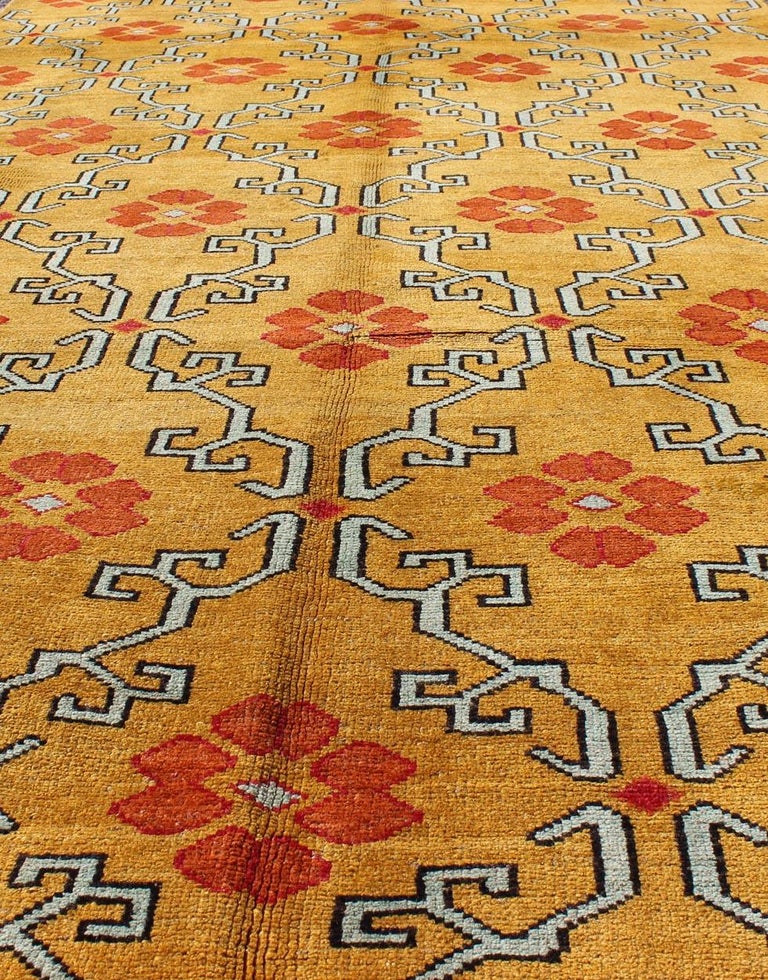 Hand-Knotted Vintage Turkish Rug with Modern Design in Bright Yellow, Tangerine and L. Blue For Sale