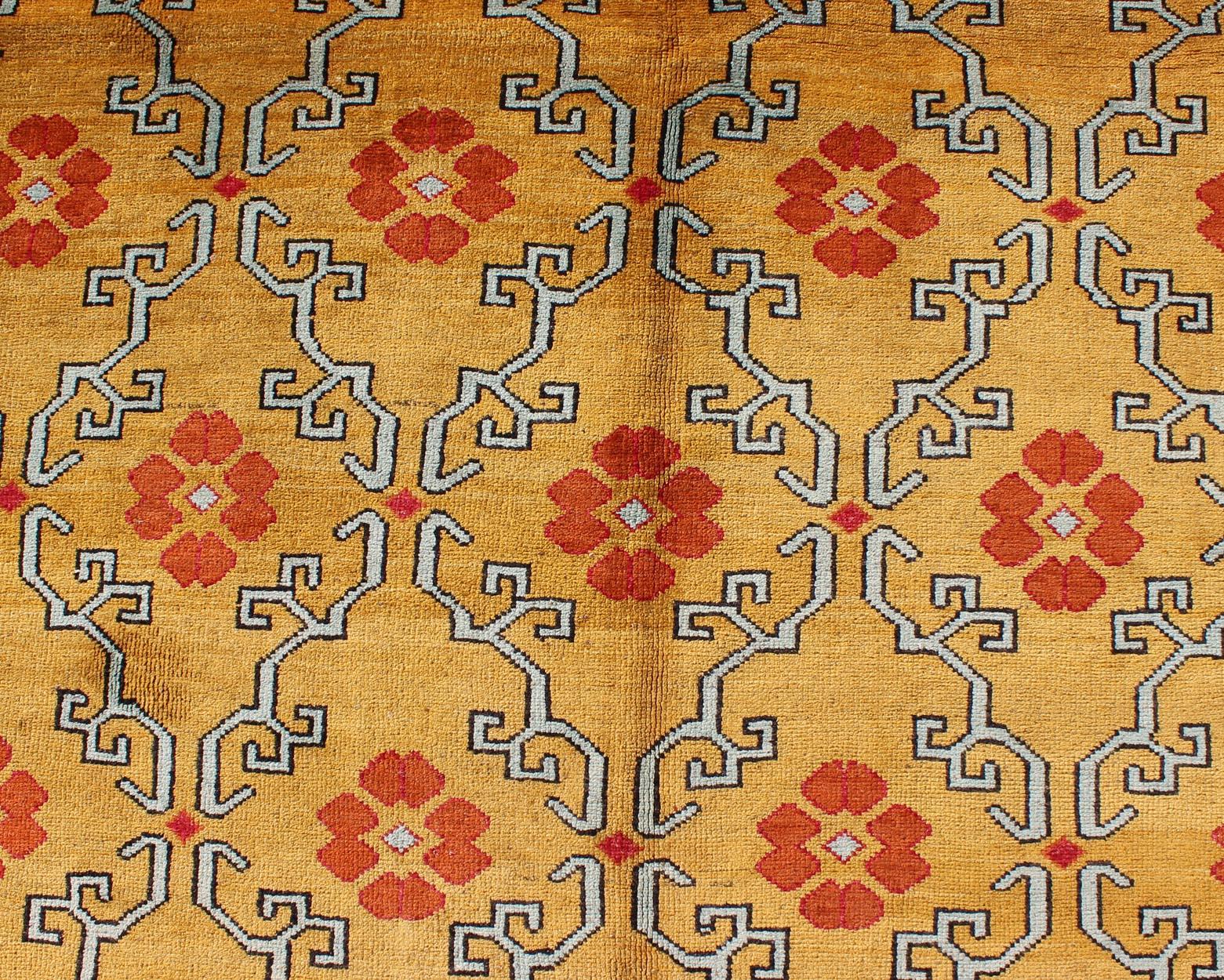 Vintage Turkish Rug with Modern Design in Bright Yellow, Tangerine and L. Blue In Excellent Condition For Sale In Atlanta, GA