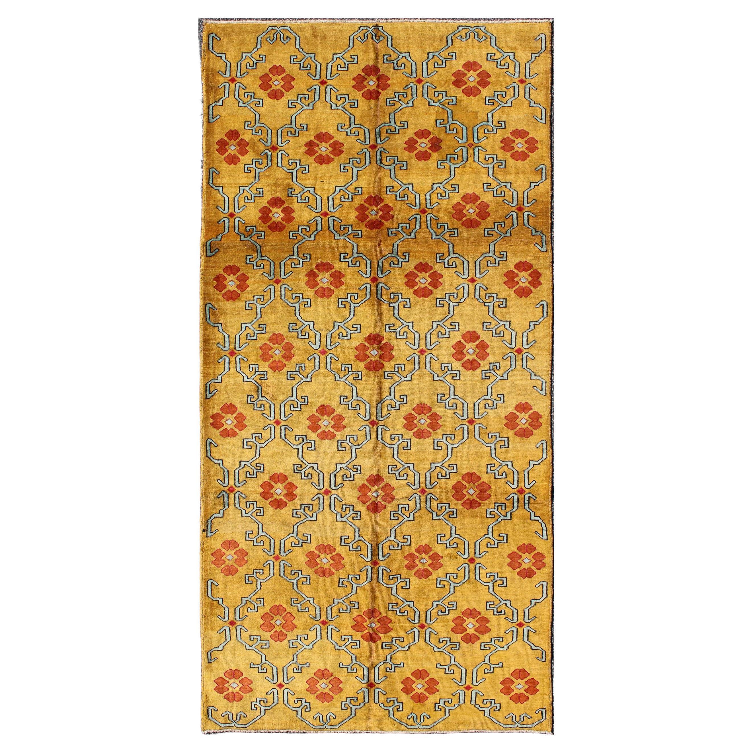 Vintage Turkish Rug with Modern Design in Bright Yellow, Tangerine and L. Blue