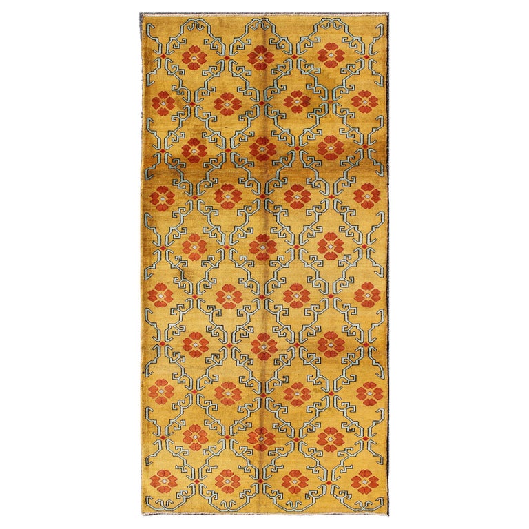 Vintage Turkish Rug with Modern Design in Bright Yellow, Tangerine and L. Blue For Sale