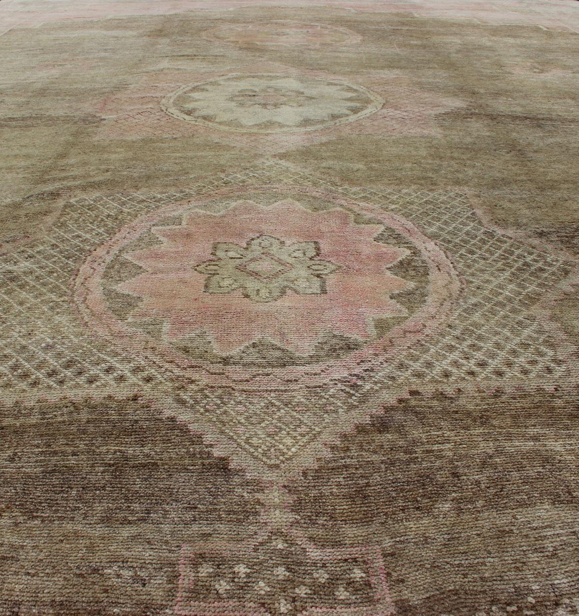 Wool Modernistic Turkish Rug with in Light Olive Green, Taupe, Faint Pink  For Sale