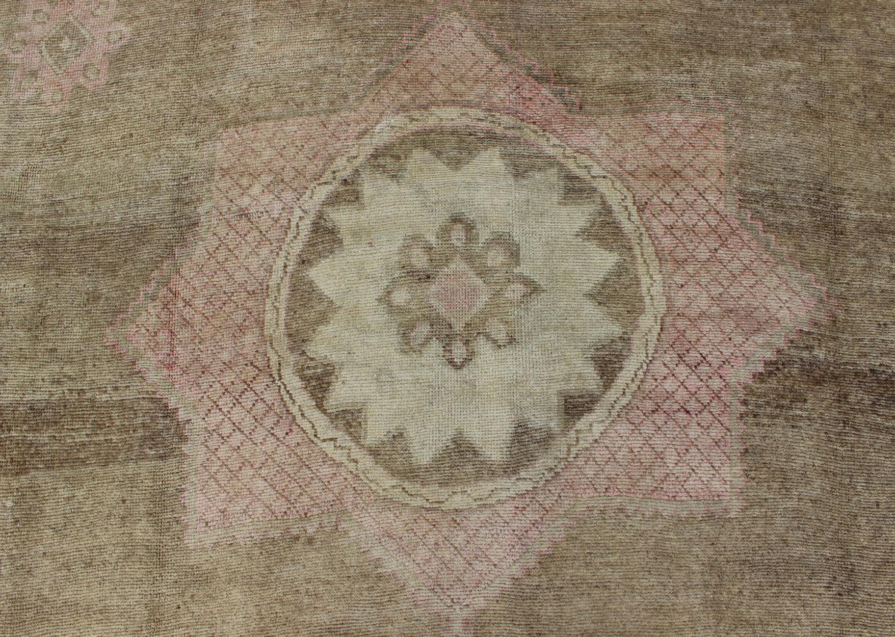 Modernistic Turkish Rug with in Light Olive Green, Taupe, Faint Pink  For Sale 1