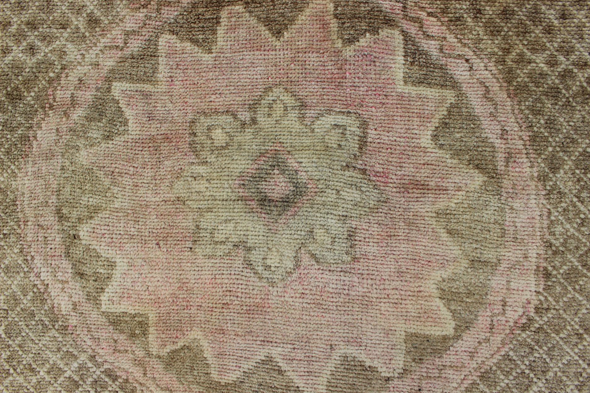 Modernistic Turkish Rug with in Light Olive Green, Taupe, Faint Pink  For Sale 3