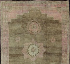 Large Vintage Turkish Rug With in Light Olive Green Taupe Faint Pink  12' x 16'