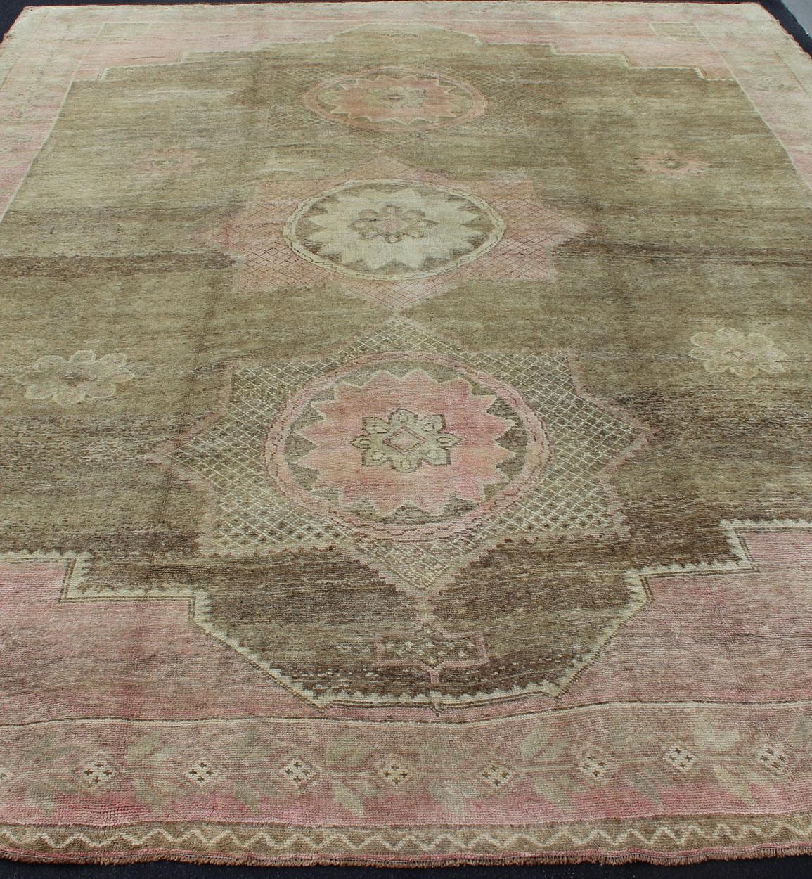 Mid-20th Century Modernistic Turkish Rug with in Light Olive Green, Taupe, Faint Pink  For Sale