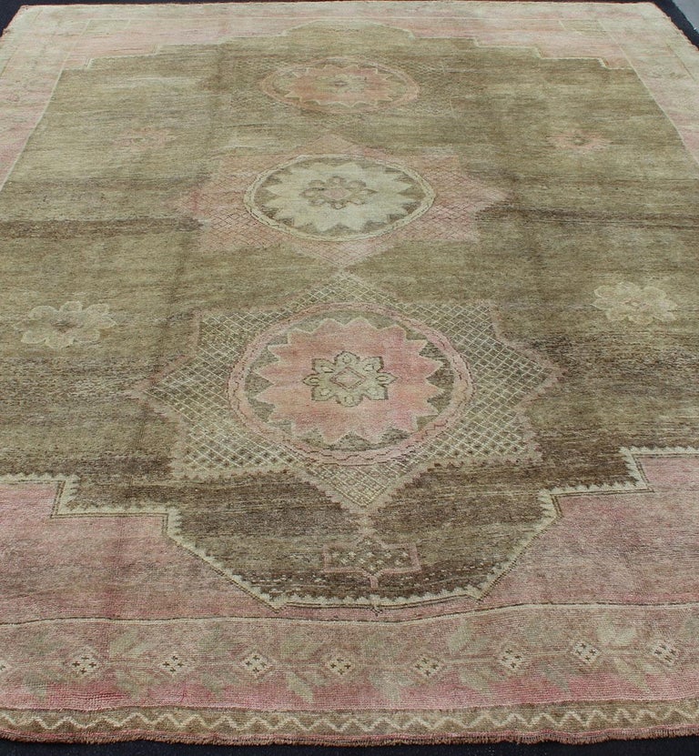 Modernistic Turkish Rug with in Light Olive Green, Taupe, Faint Pink