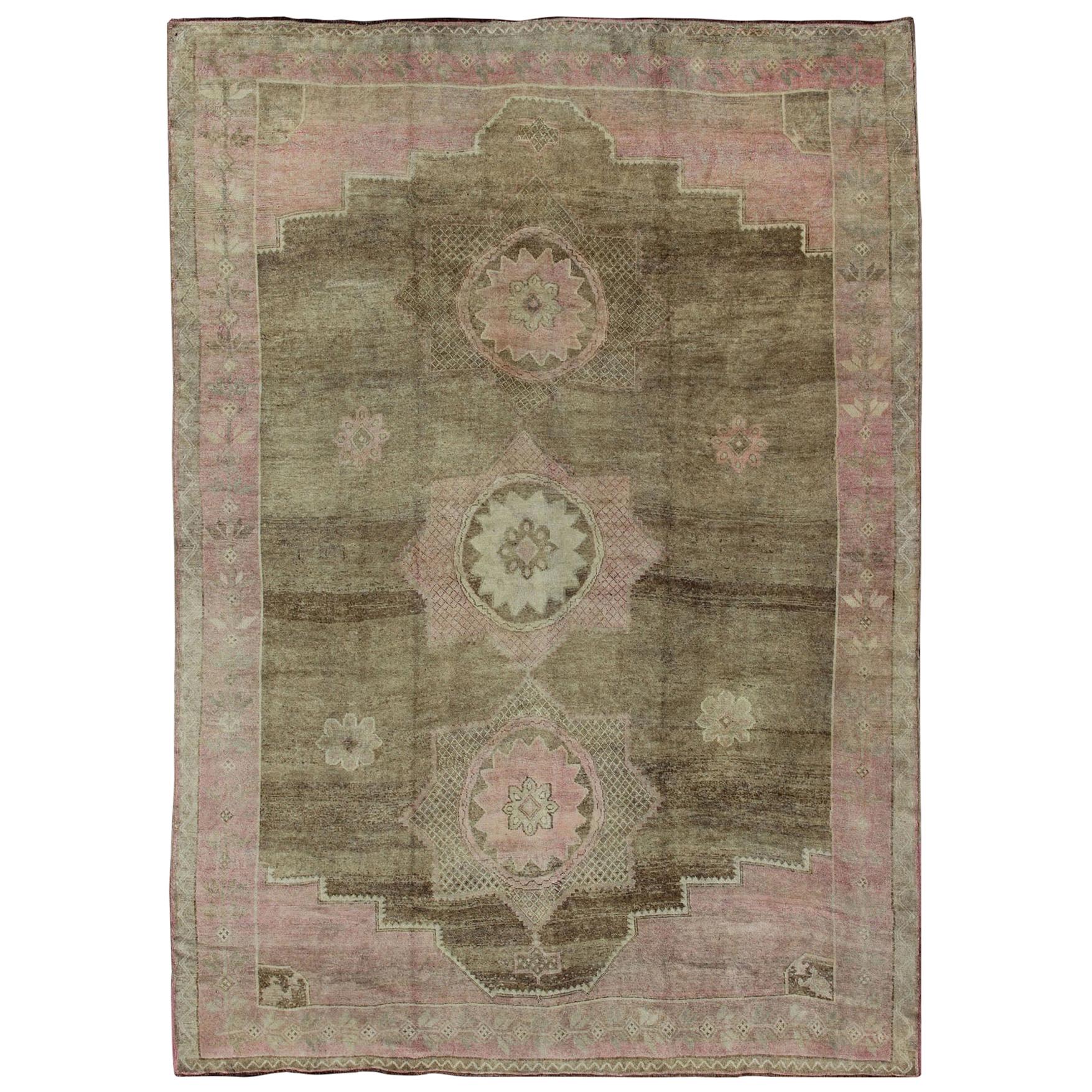 Modernistic Turkish Rug with in Light Olive Green, Taupe, Faint Pink  For Sale