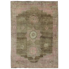 Vintage Modernistic Turkish Rug with in Light Olive Green, Taupe, Faint Pink 