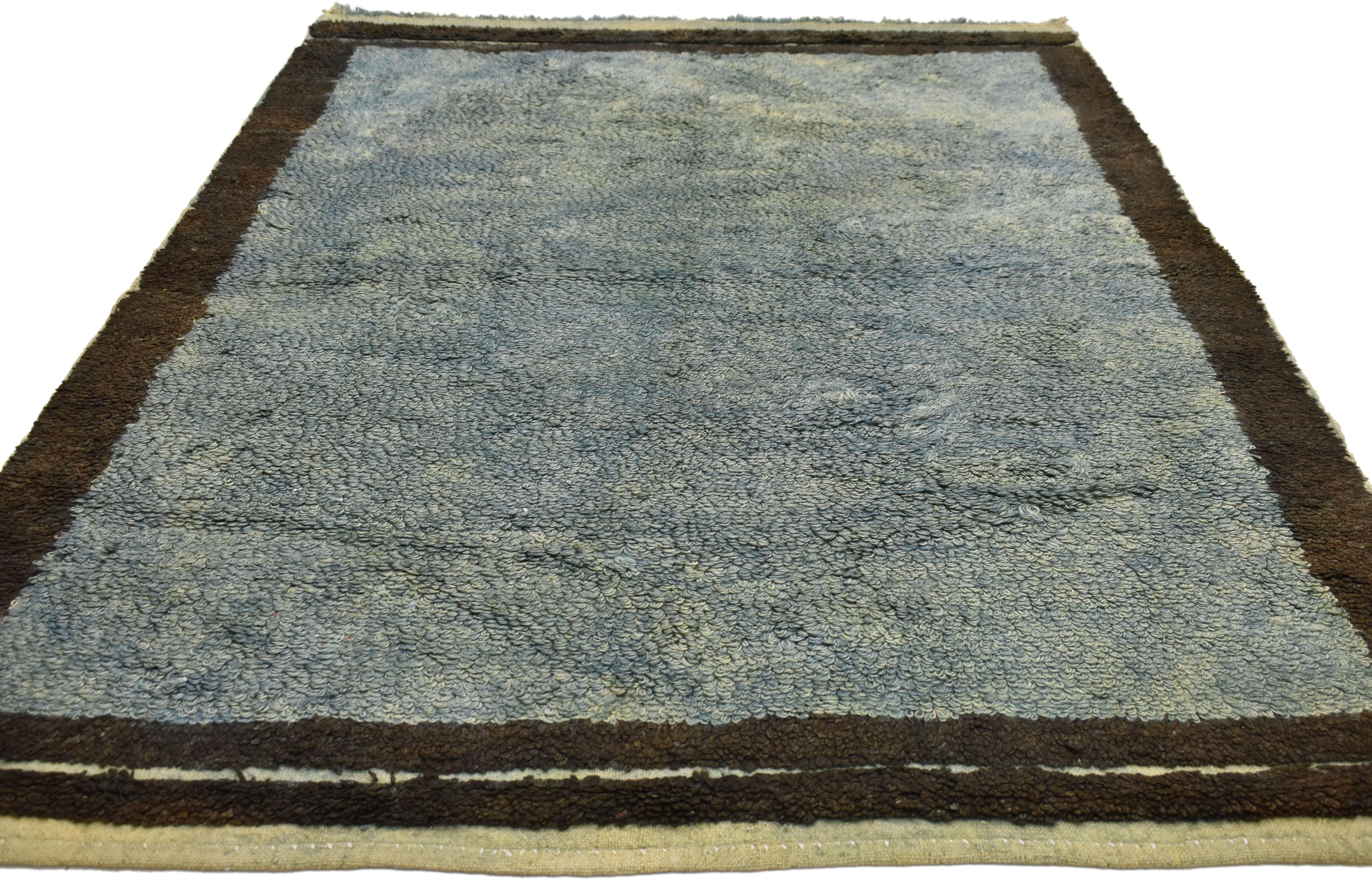 73982 Vintage Turkish Shag Rug with Mid-Century Modern Style. This hand knotted wool vintage Turkish rug features a solid plane of angora wool rendered in variegated shades of turquoise, ocean, teal and cerulean blue with celadon and verdigris
