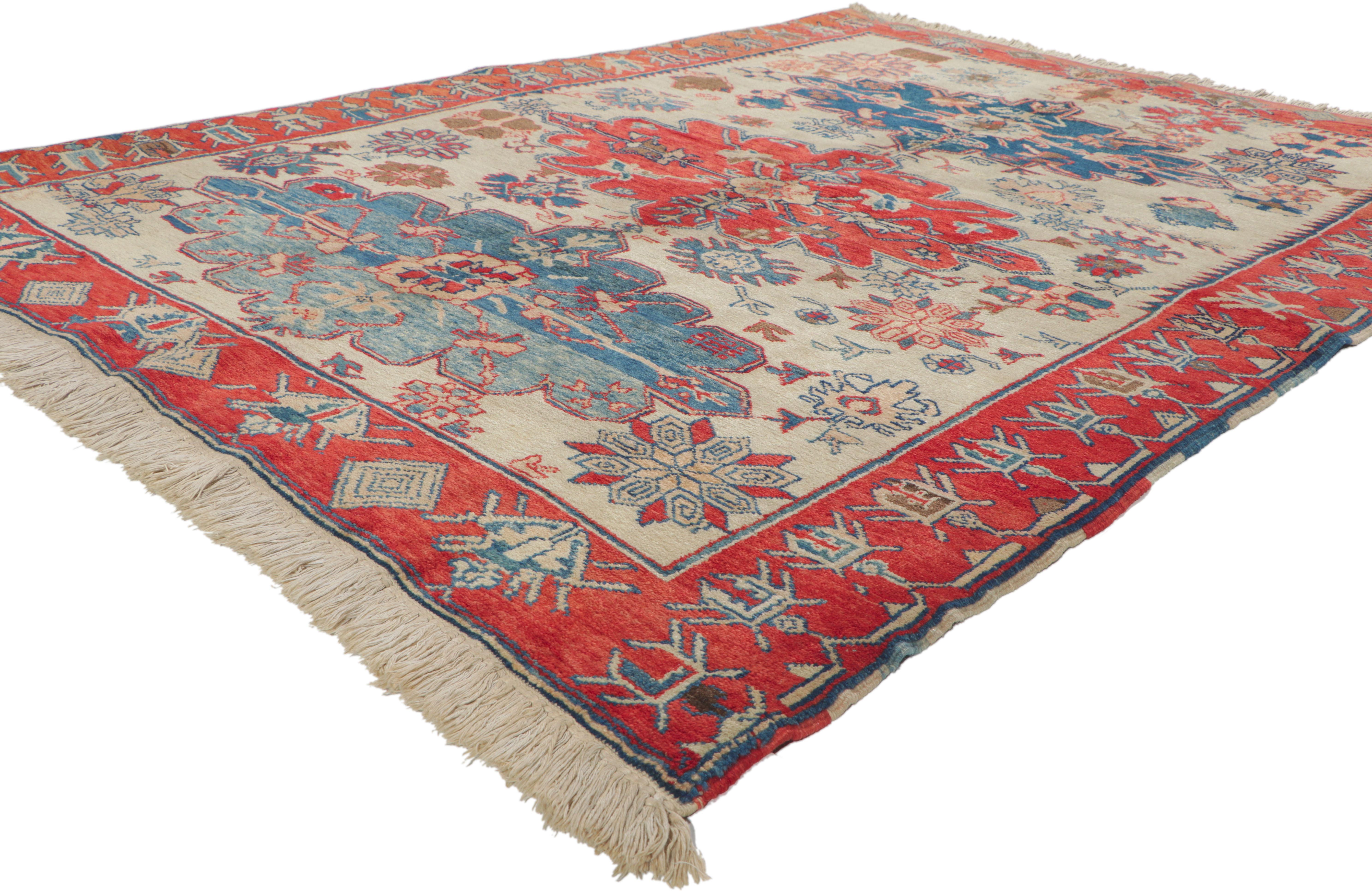 71996 Vintage Turkish rug, 04'11 x 06'10. With its nomadic charm, incredible detail and texture, this hand knotted wool vintage Turkish rug is a captivating vision of woven beauty. The eye-catching tribal design and traditional color palette woven