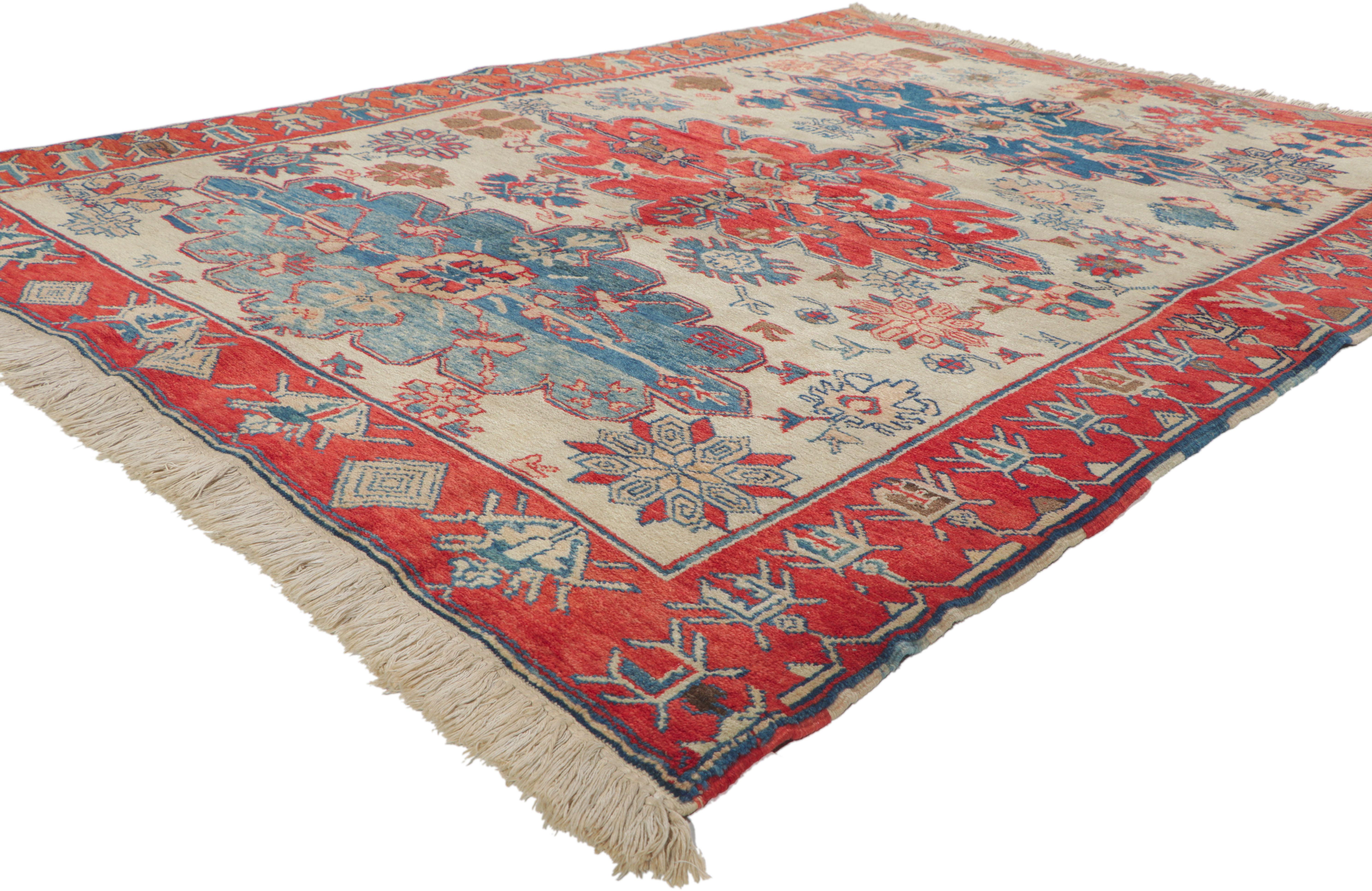 71996 Vintage Turkish Oushak Rug, 04'11 x 06'10. Behold the captivating allure of this hand-knotted wool vintage Turkish Oushak rug, a masterpiece that epitomizes the rich heritage of Anatolian craftsmanship. The rug's intricate pattern weaves a