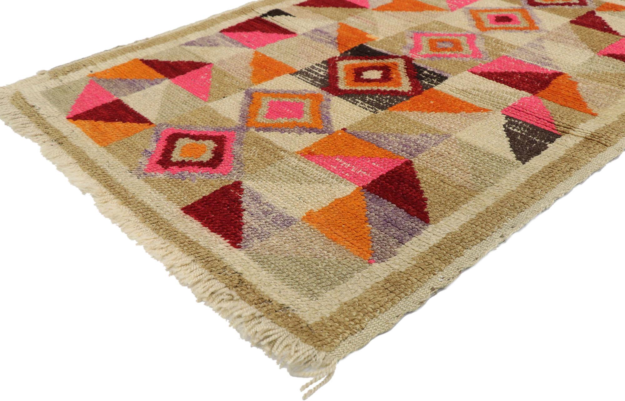 78050 Vintage Turkish Rug, 03'02 x 04'01. 
Cubism collides with Postmodern style in this hand knotted wool vintage Turkish rug. The cubist design and vibrant colors woven into this piece work together creating a truly unique look. The abrashed field