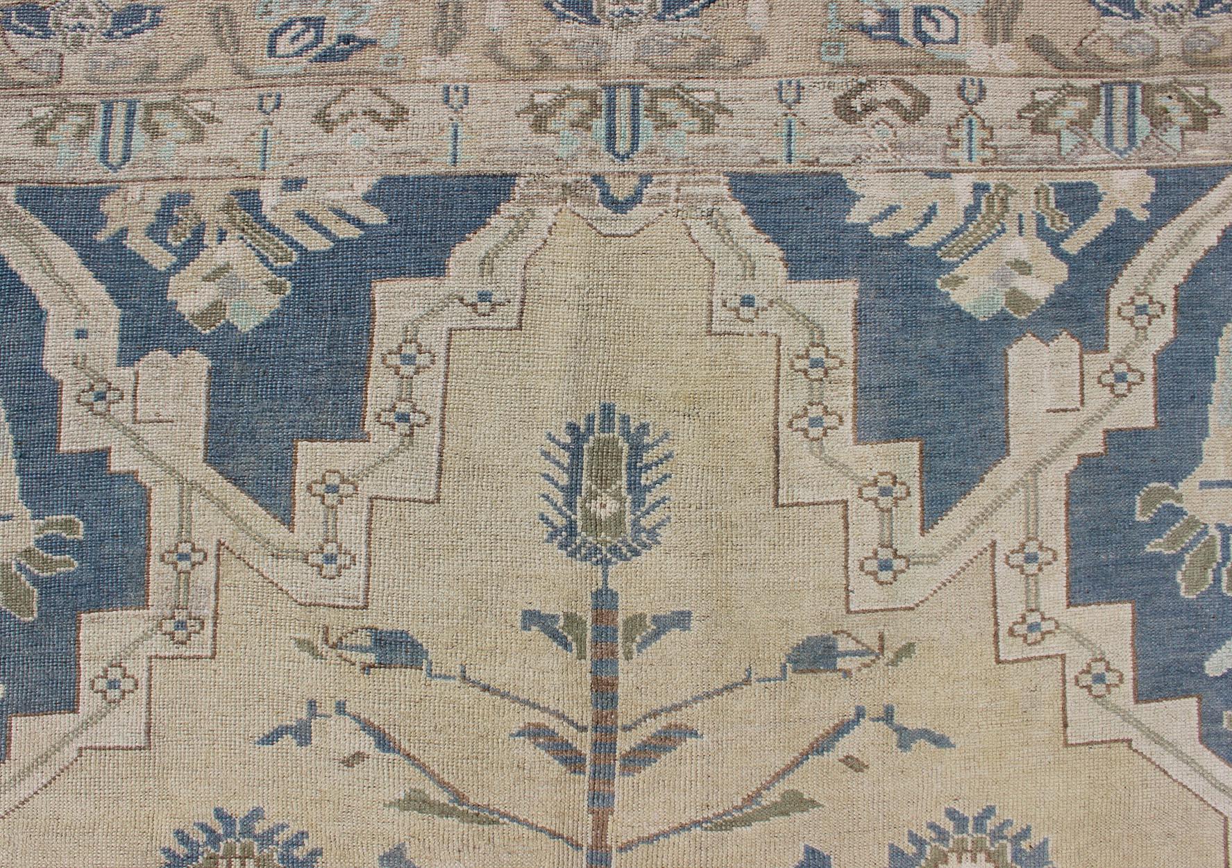 Vintage Turkish Rug with Unique Design in Blue, Taupe, Butter & Neutral Colors For Sale 3