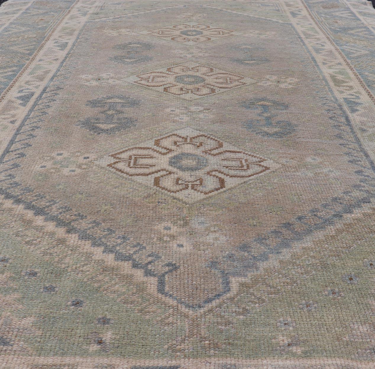 Vintage Turkish Rug with Unique Design in Blue, Taupe, Butter & Neutral Colors For Sale 3