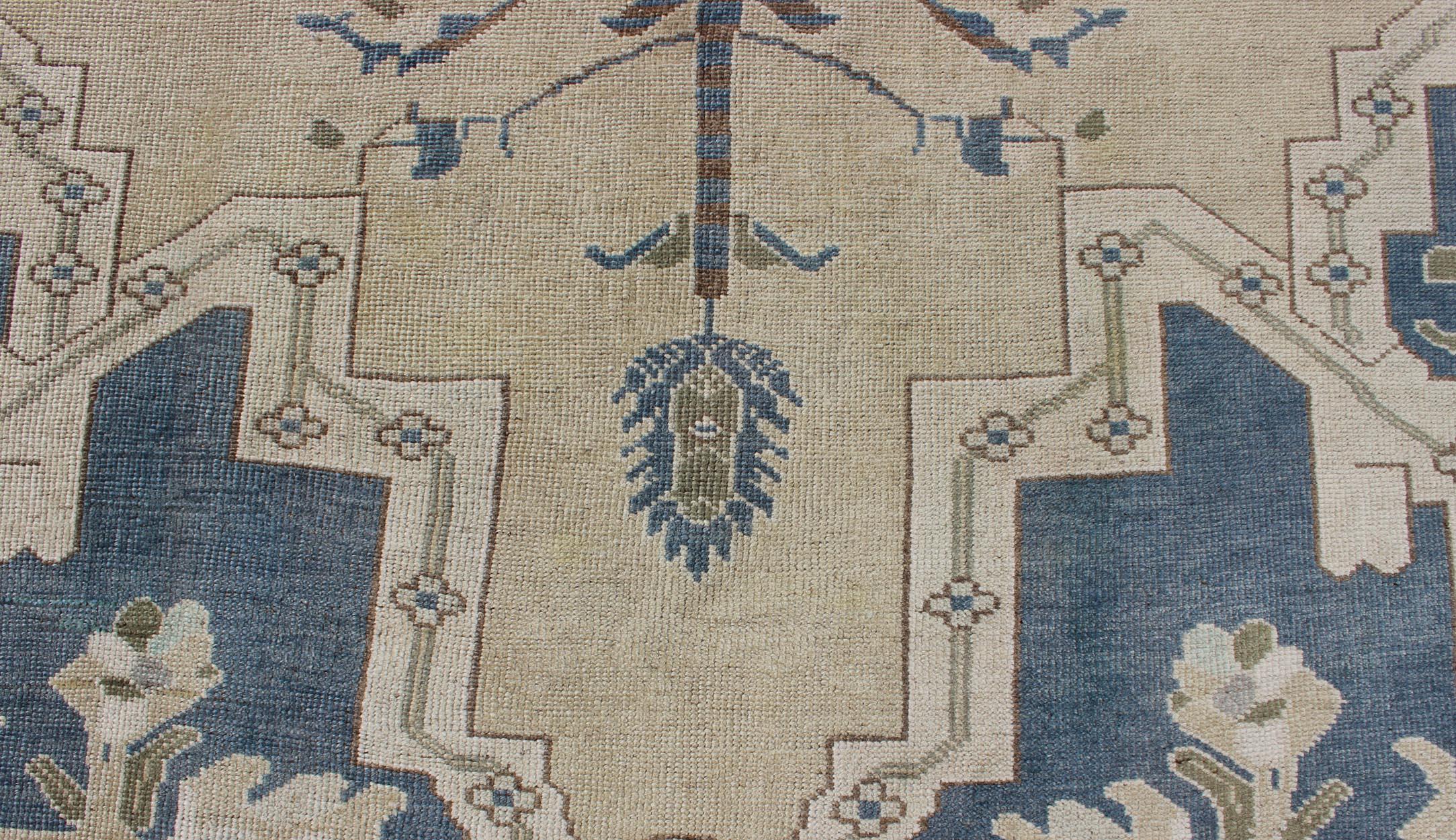 Vintage Turkish Rug with Unique Design in Blue, Taupe, Butter & Neutral Colors For Sale 4