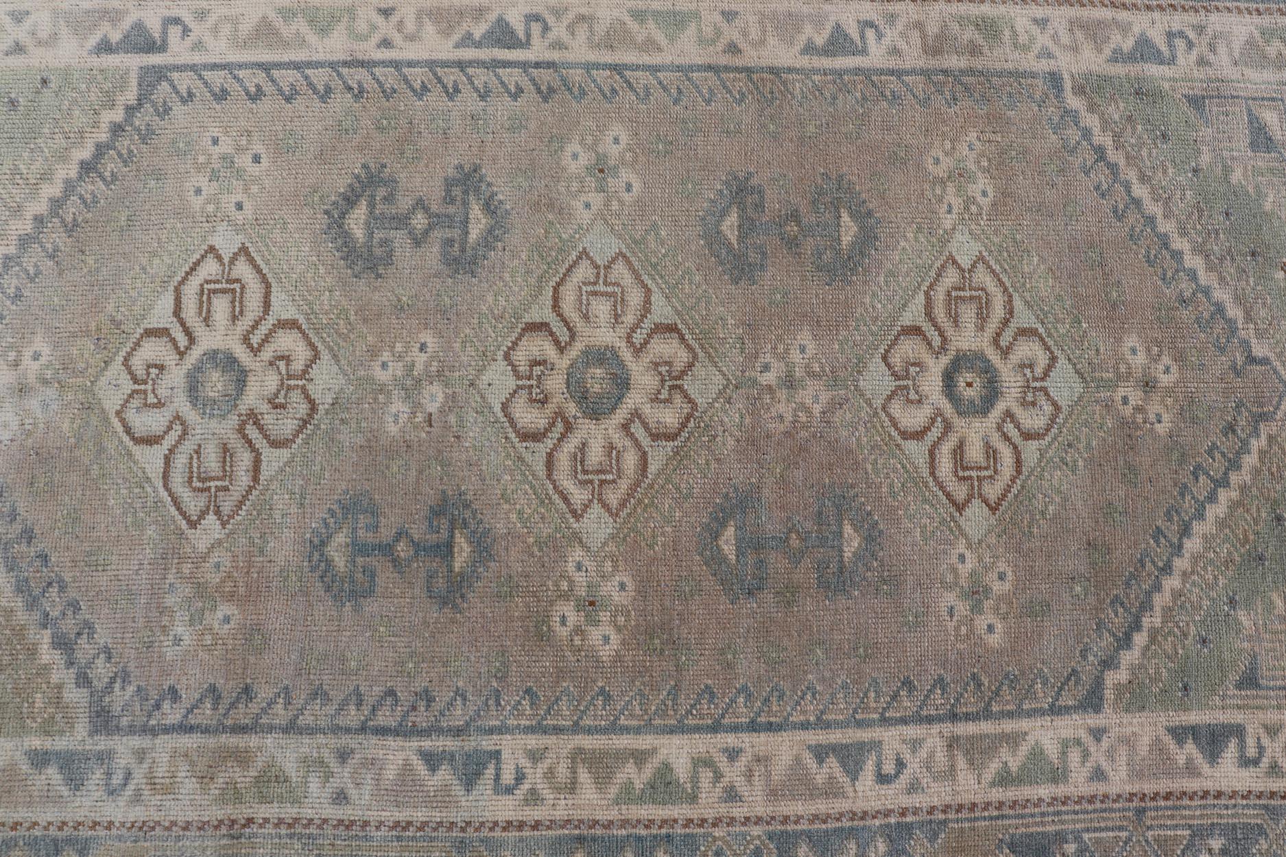 Oushak Vintage Turkish Rug with Unique Design in Blue, Taupe, Butter & Neutral Colors For Sale