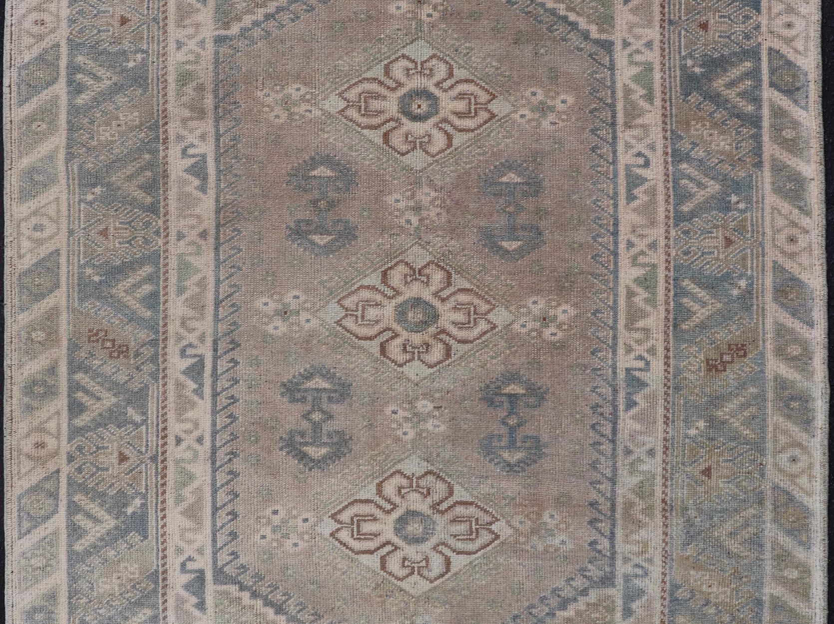 Vintage Turkish Rug with Unique Design in Blue, Taupe, Butter & Neutral Colors In Good Condition For Sale In Atlanta, GA