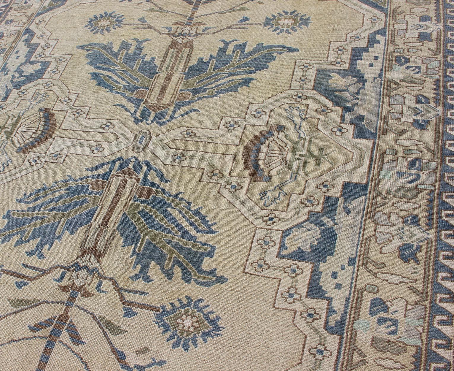20th Century Vintage Turkish Rug with Unique Design in Blue, Taupe, Butter & Neutral Colors For Sale