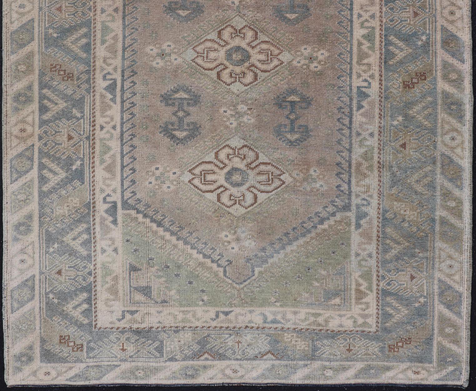 20th Century Vintage Turkish Rug with Unique Design in Blue, Taupe, Butter & Neutral Colors For Sale