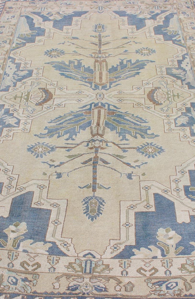 Wool Vintage Turkish Rug with Unique Design in Blue, Taupe, Butter & Neutral Colors For Sale