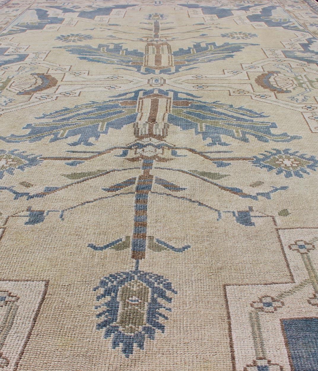 Vintage Turkish Rug with Unique Design in Blue, Taupe, Butter & Neutral Colors For Sale 1