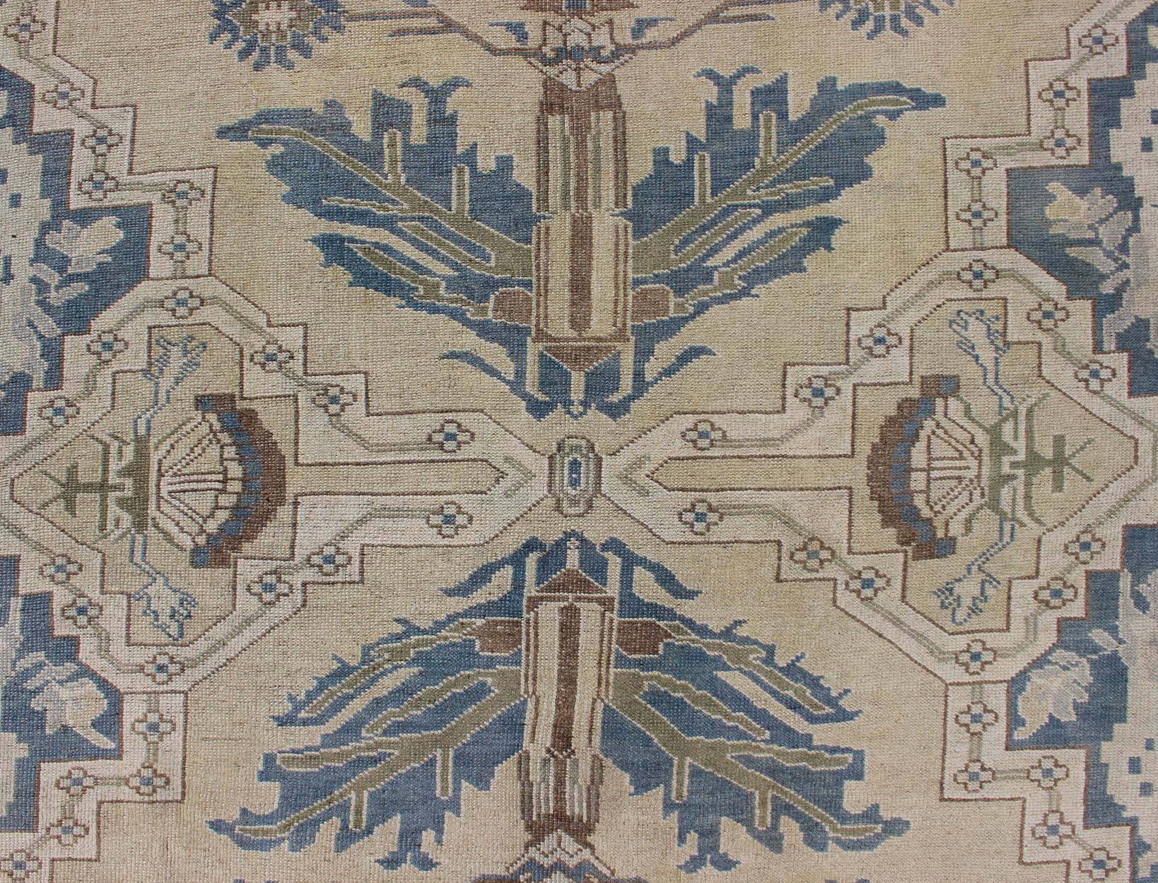 Vintage Turkish Rug with Unique Design in Blue, Taupe, Butter & Neutral Colors For Sale 2
