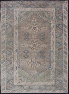 Vintage Turkish Rug with Unique Design in Blue, Taupe, Butter & Neutral Colors