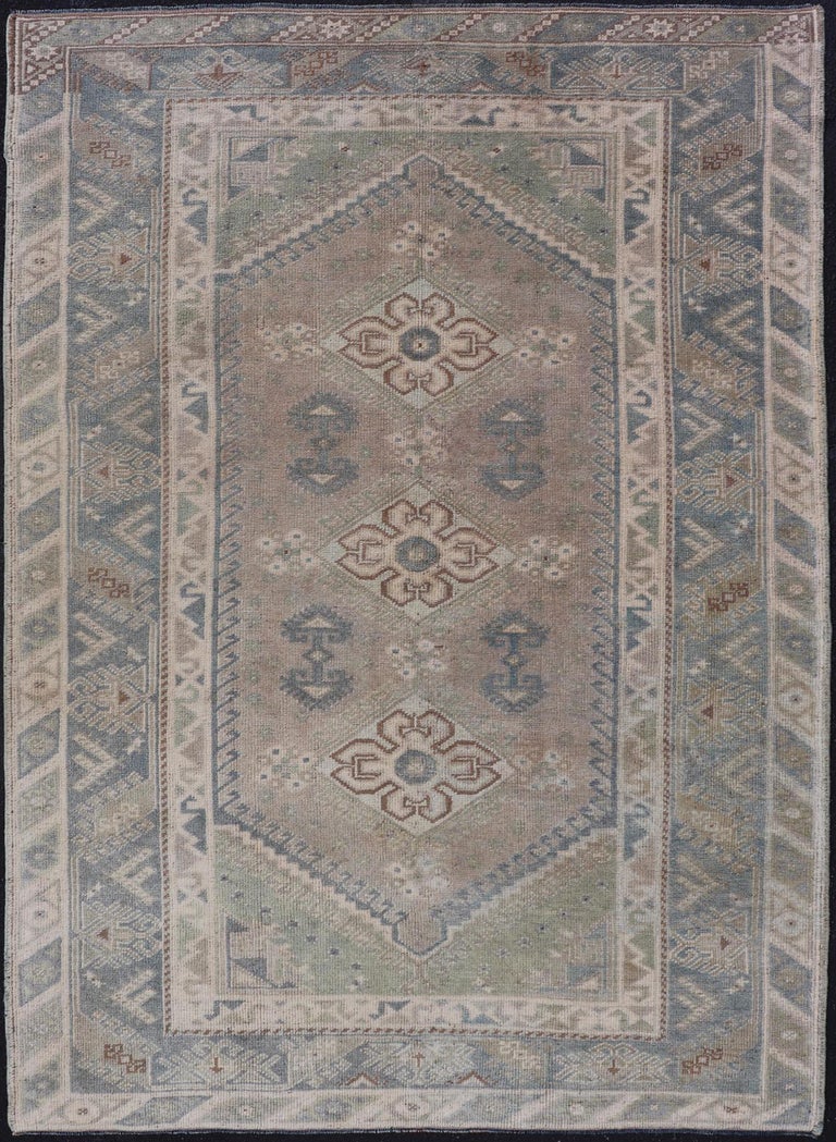Vintage Turkish Rug with Unique Design in Blue, Taupe, Butter and ...
