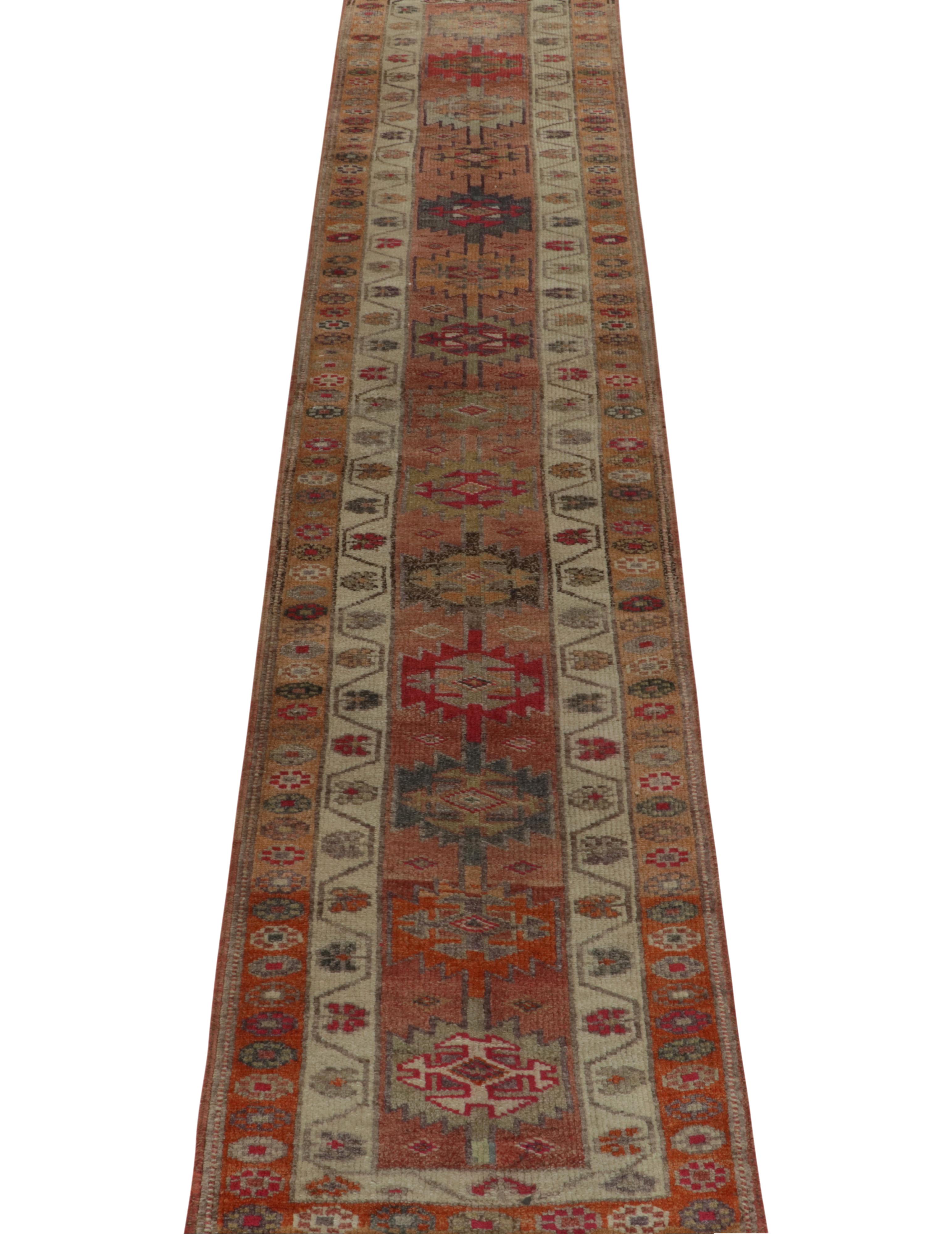 Hand-Knotted Vintage Turkish Runner in Beige-Brown, Rust Red Tribal Pattern by Rug & Kilim For Sale
