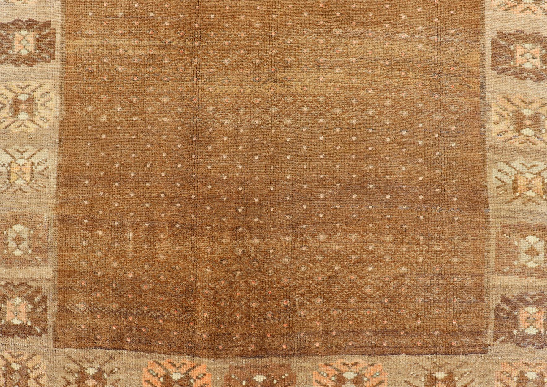 Oushak Vintage Turkish Runner in Brown & Ivory With Geometric Motifs 4'1 X 10'5 For Sale