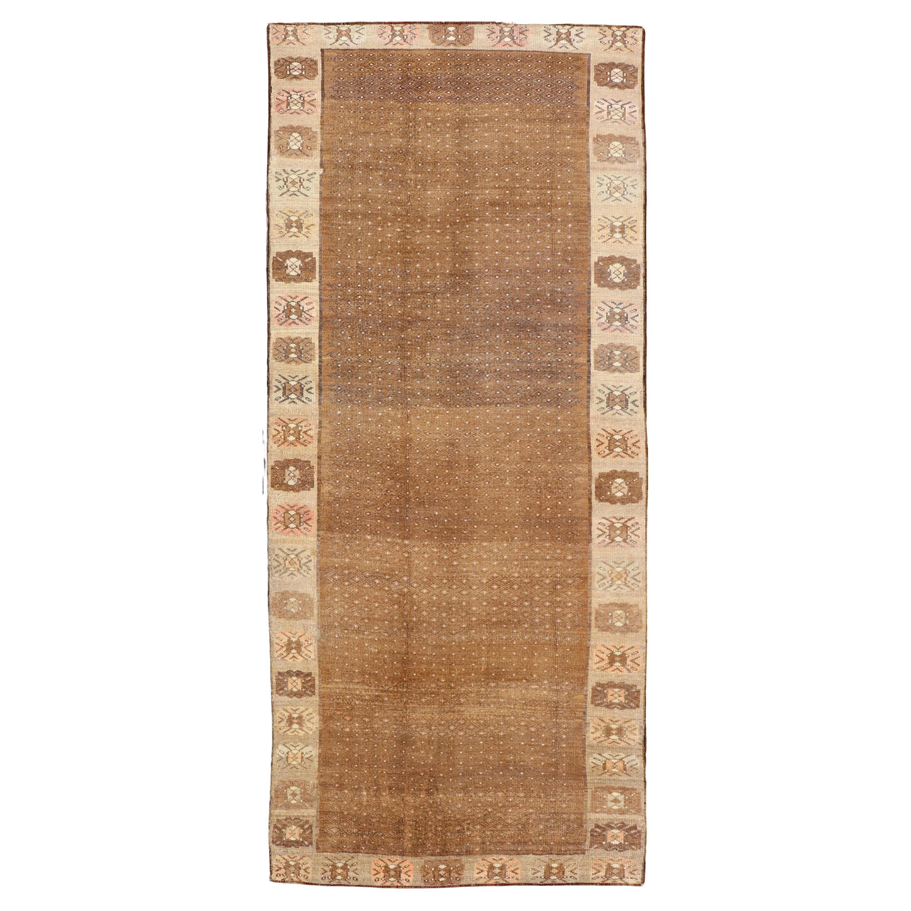 Vintage Turkish Runner in Brown & Ivory With Geometric Motifs 4'1 X 10'5 For Sale
