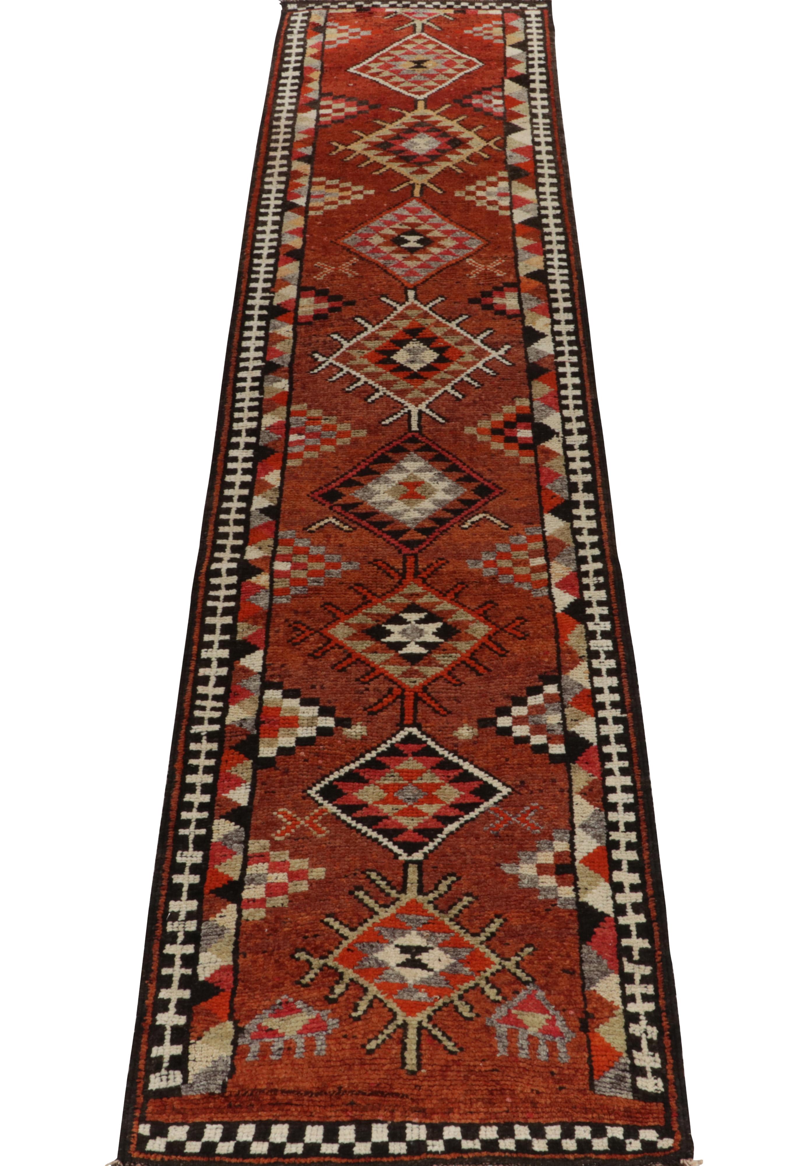 Tribal Vintage Turkish runner in Rust Red and Brown Geometric Pattern by Rug & Kilim For Sale