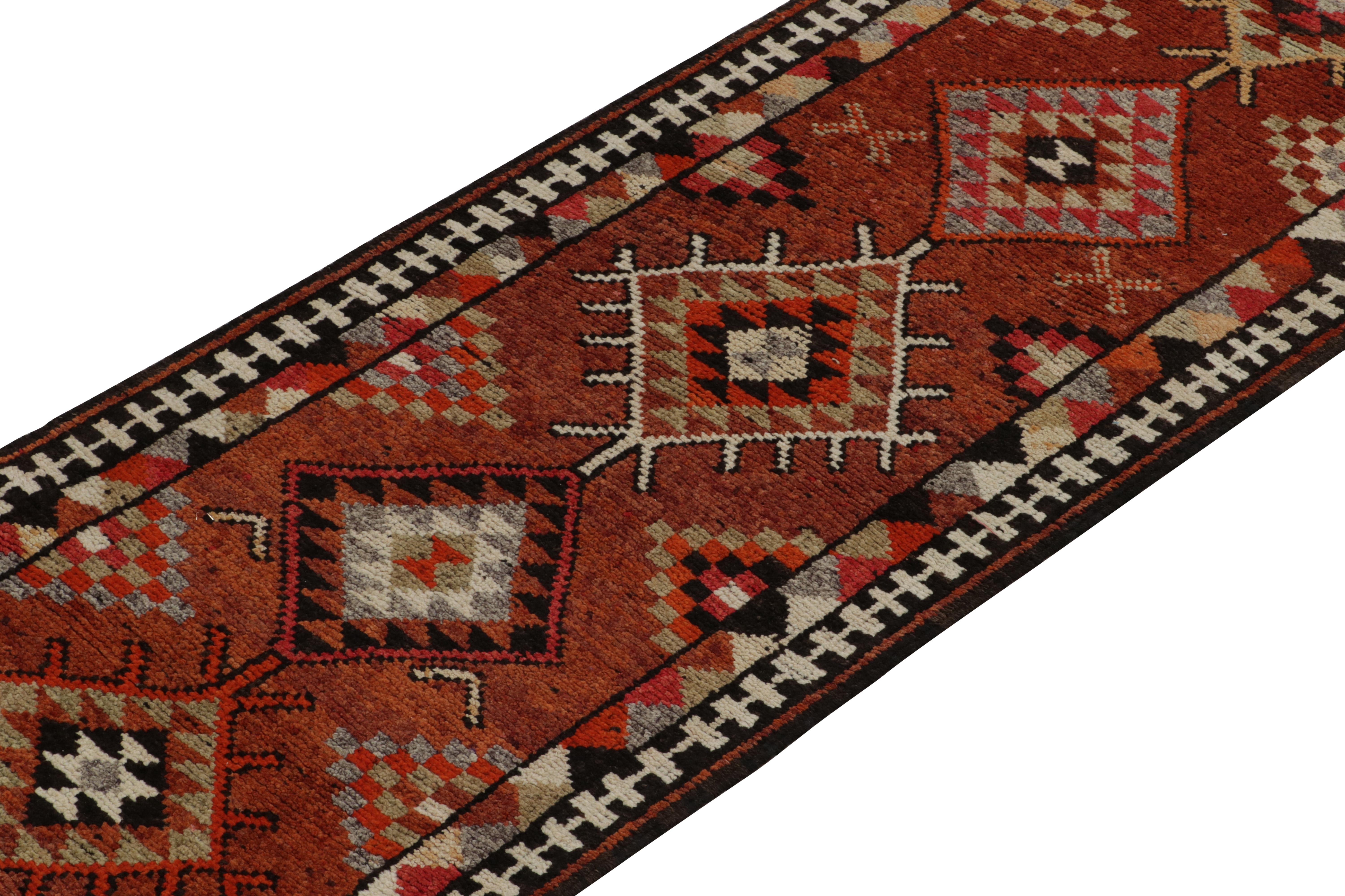 Hand-Knotted Vintage Turkish runner in Rust Red and Brown Geometric Pattern by Rug & Kilim For Sale