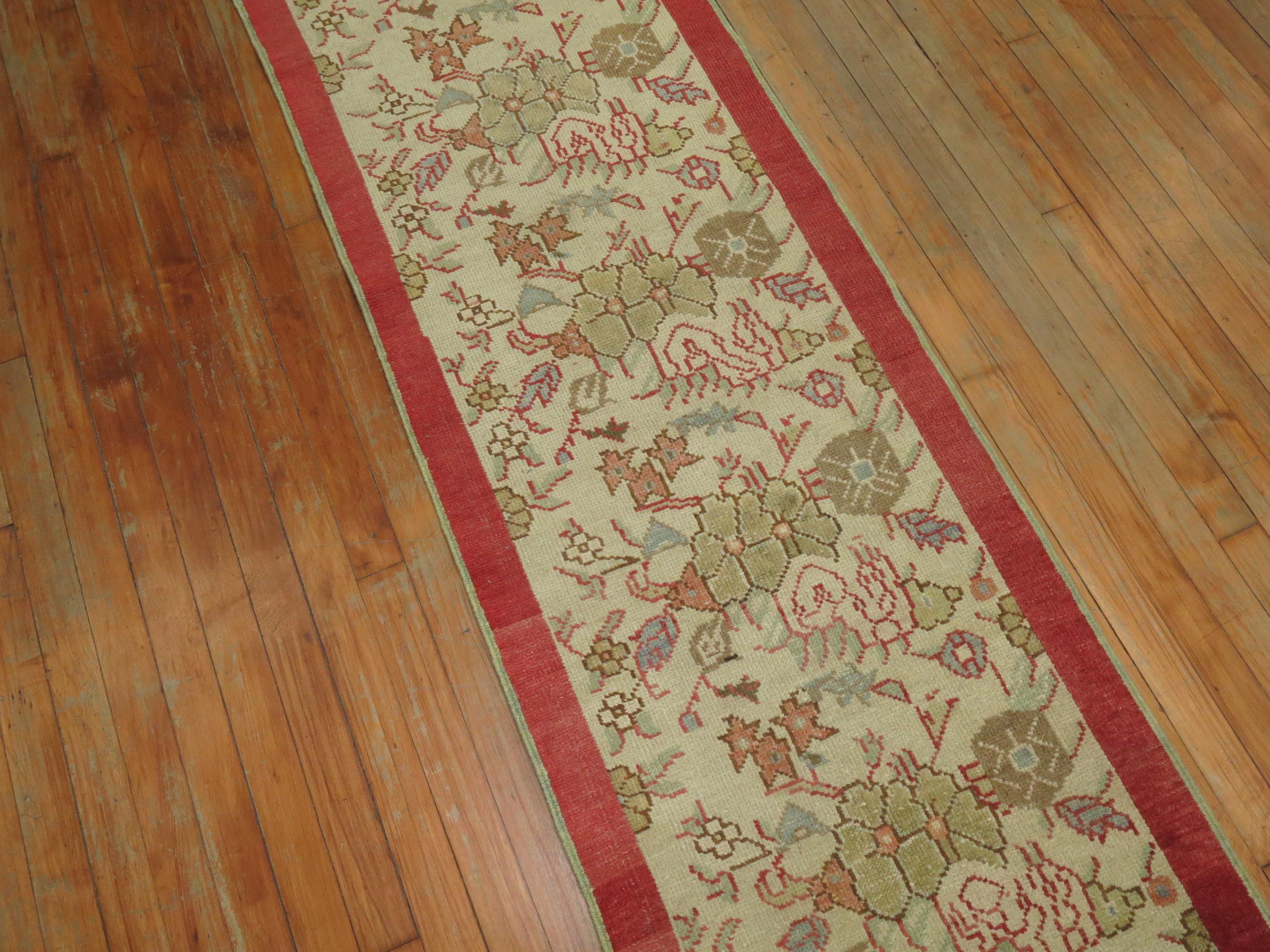 Hand-Knotted Vintage Turkish Runner Ivory Field Red Border For Sale
