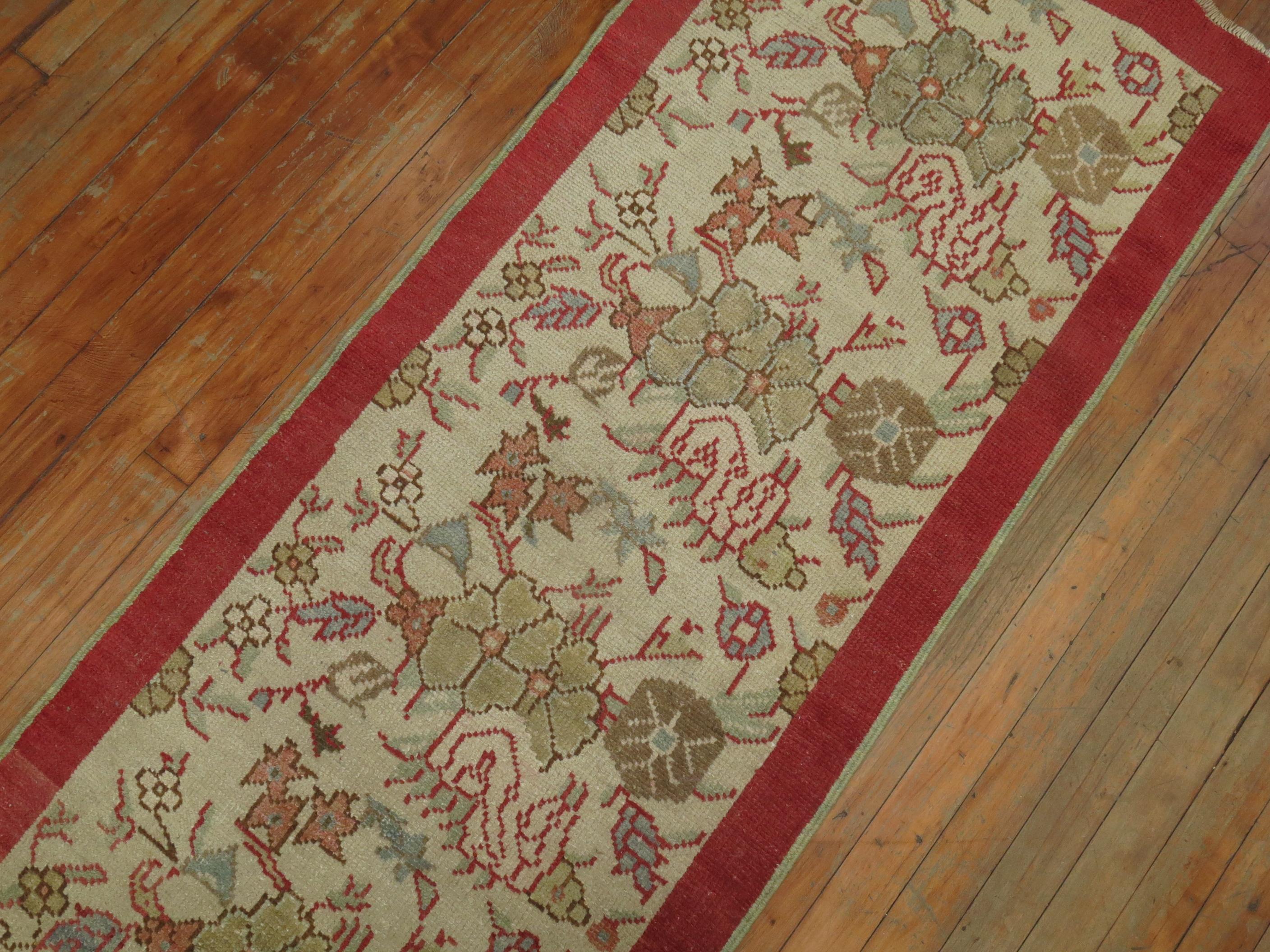 20th Century Vintage Turkish Runner Ivory Field Red Border For Sale