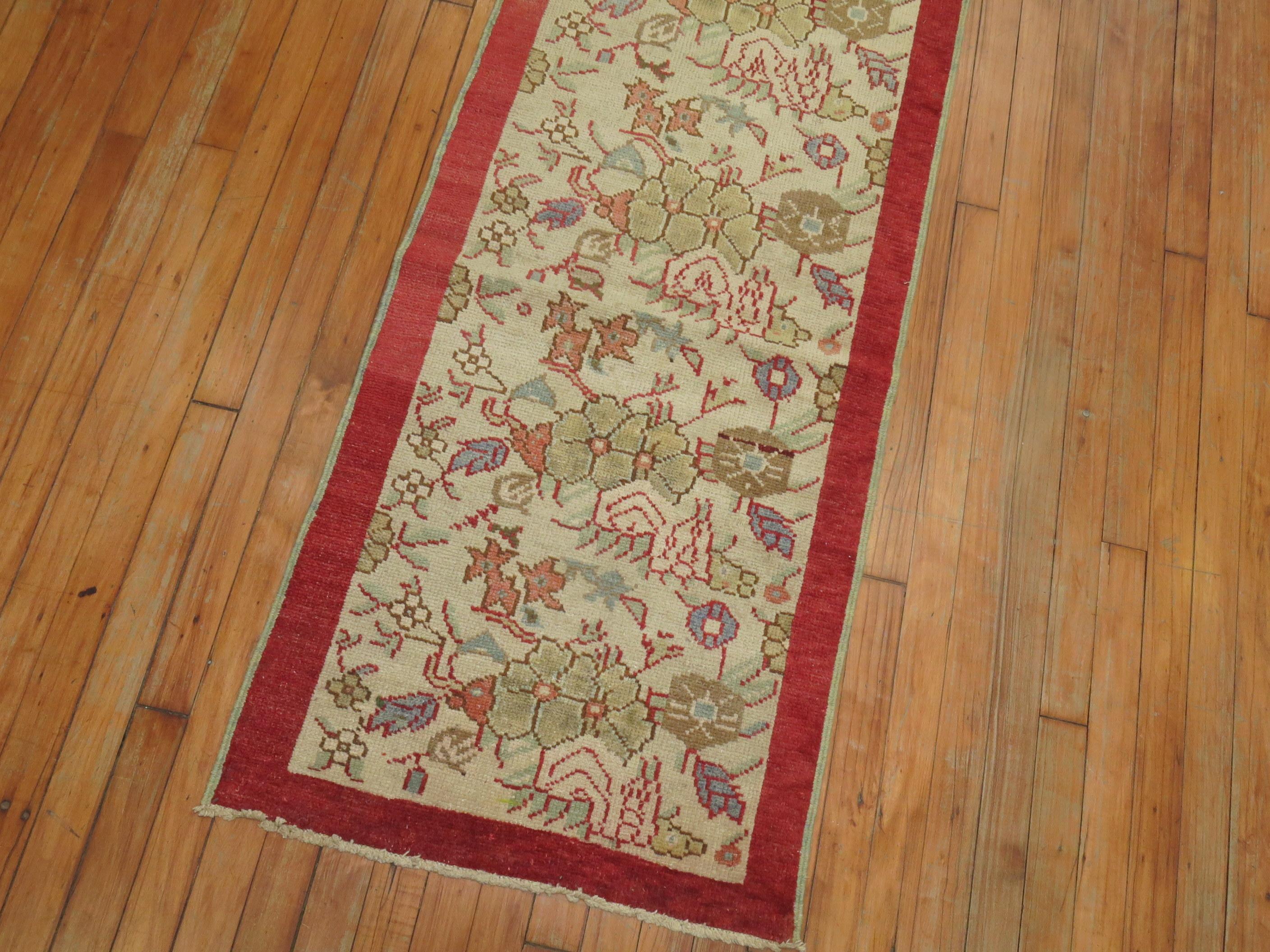 Wool Vintage Turkish Runner Ivory Field Red Border For Sale