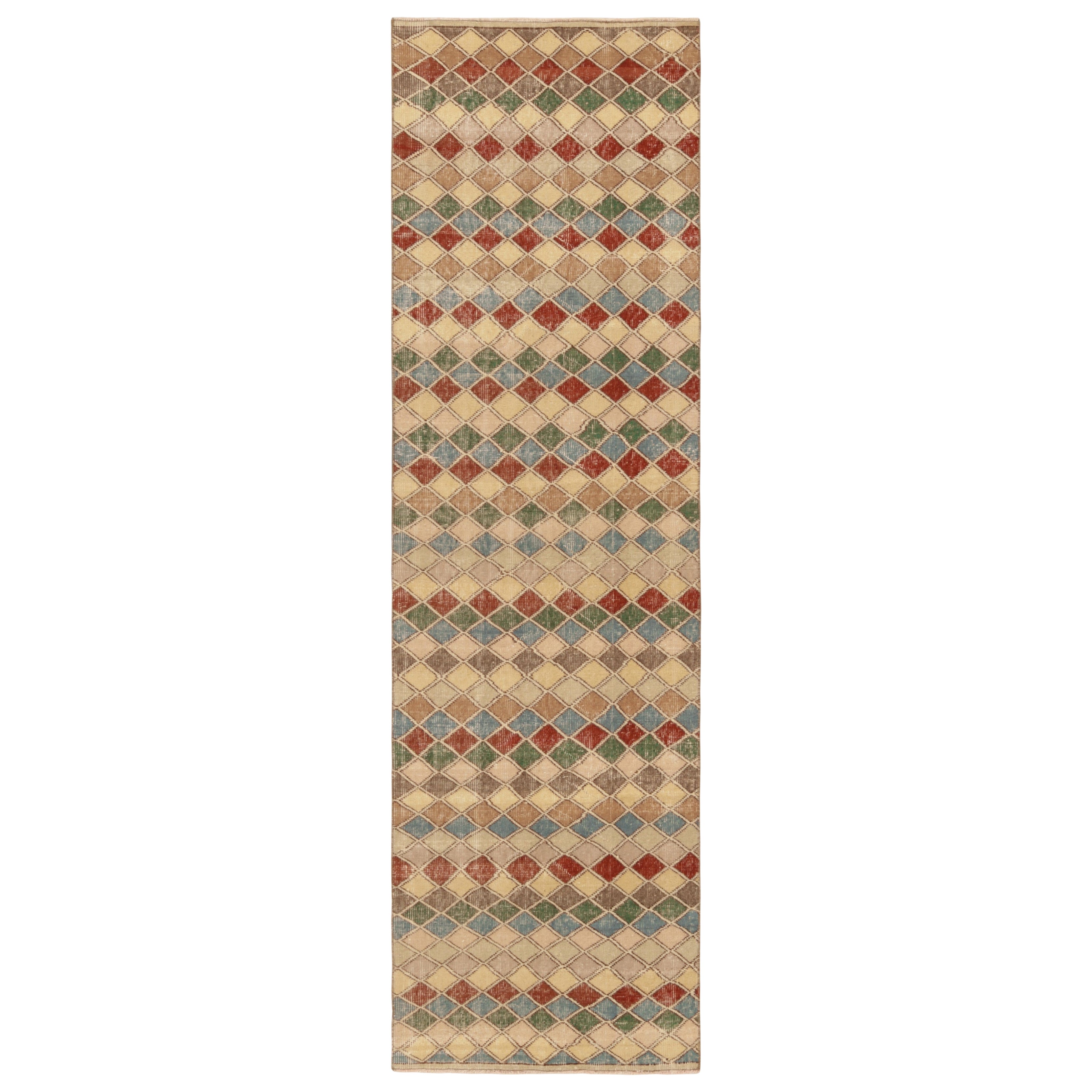 Vintage Turkish Runner, Mosaic-Inspired Multicolor Geometric Design -Rug & Kilim