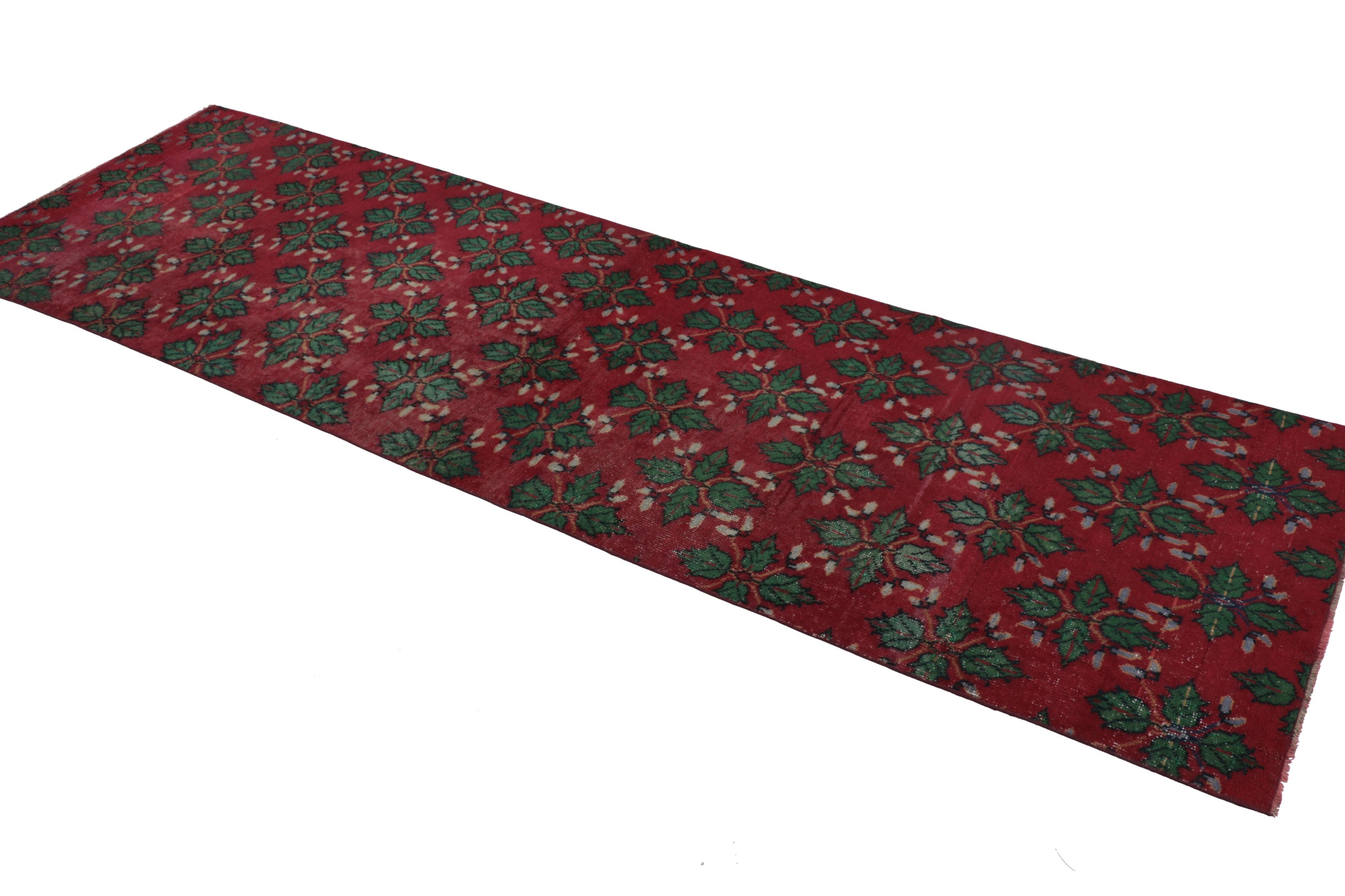 Mid-20th Century Vintage Turkish Runner, Red and Green with All-Over Floral Patterns –Rug & Kilim For Sale