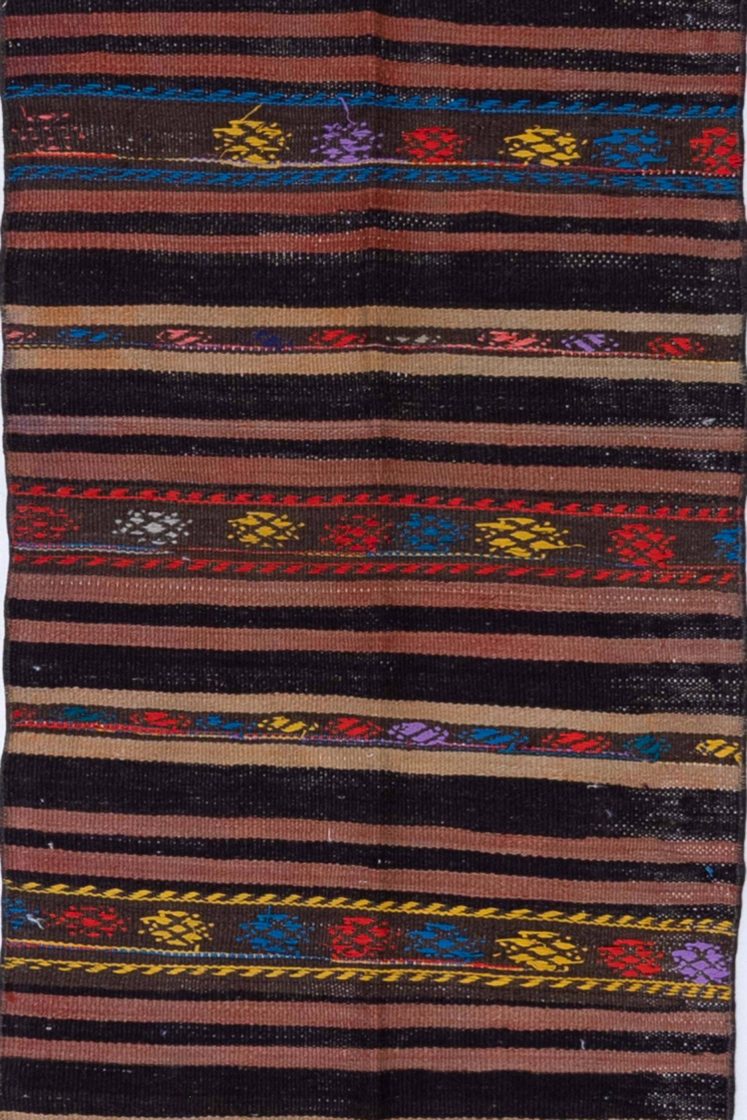Age: Circa 1960

Pile: flatweave

Wear Notes: 0

Material: wool on hemp

Vintage rugs are made by hand over the course of months, sometimes years. Their imperfections and wear are evidence of the hard working human hands that made them and