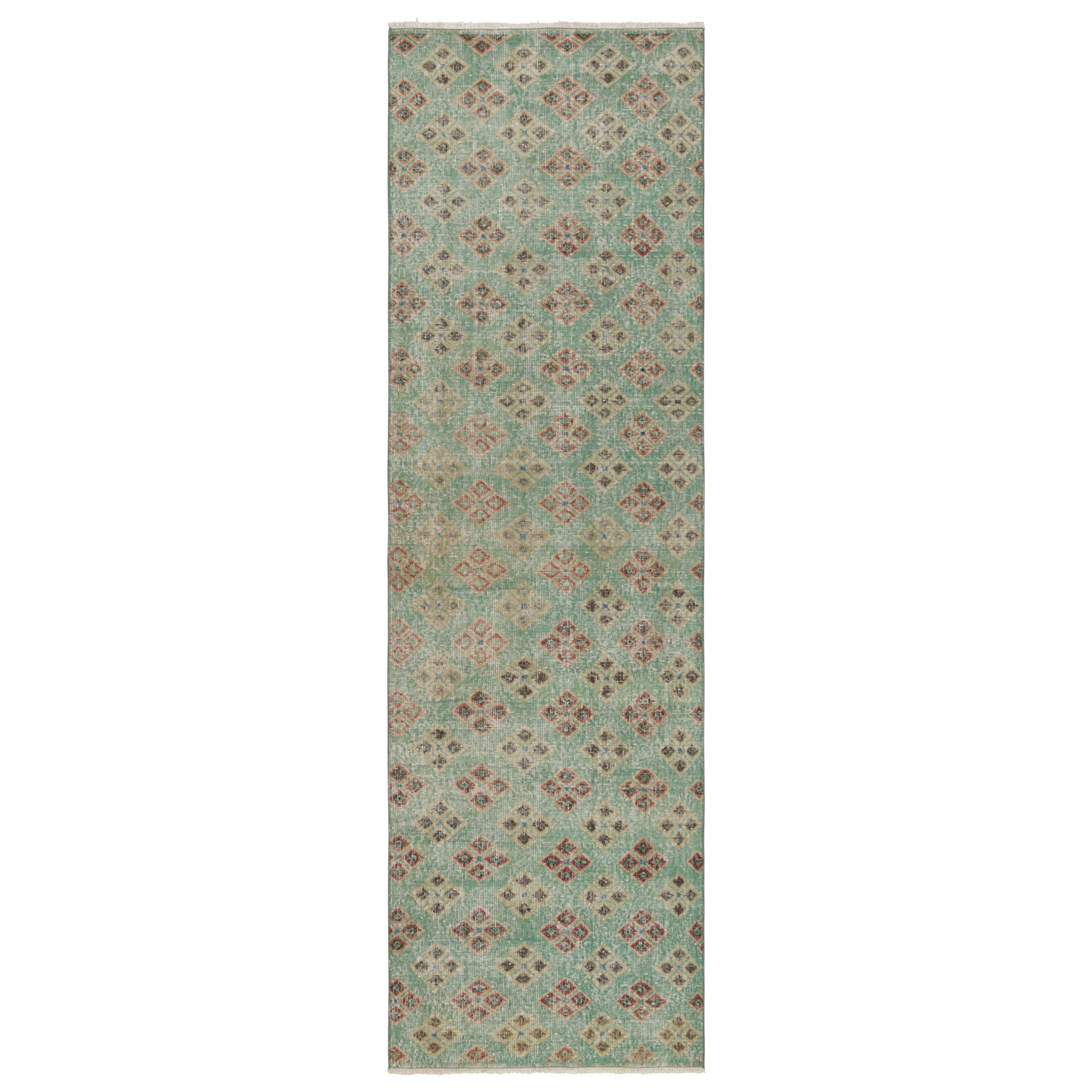Tappeto turco vintage, verde e rosso con motivi a diamante - Rug & Kilim
