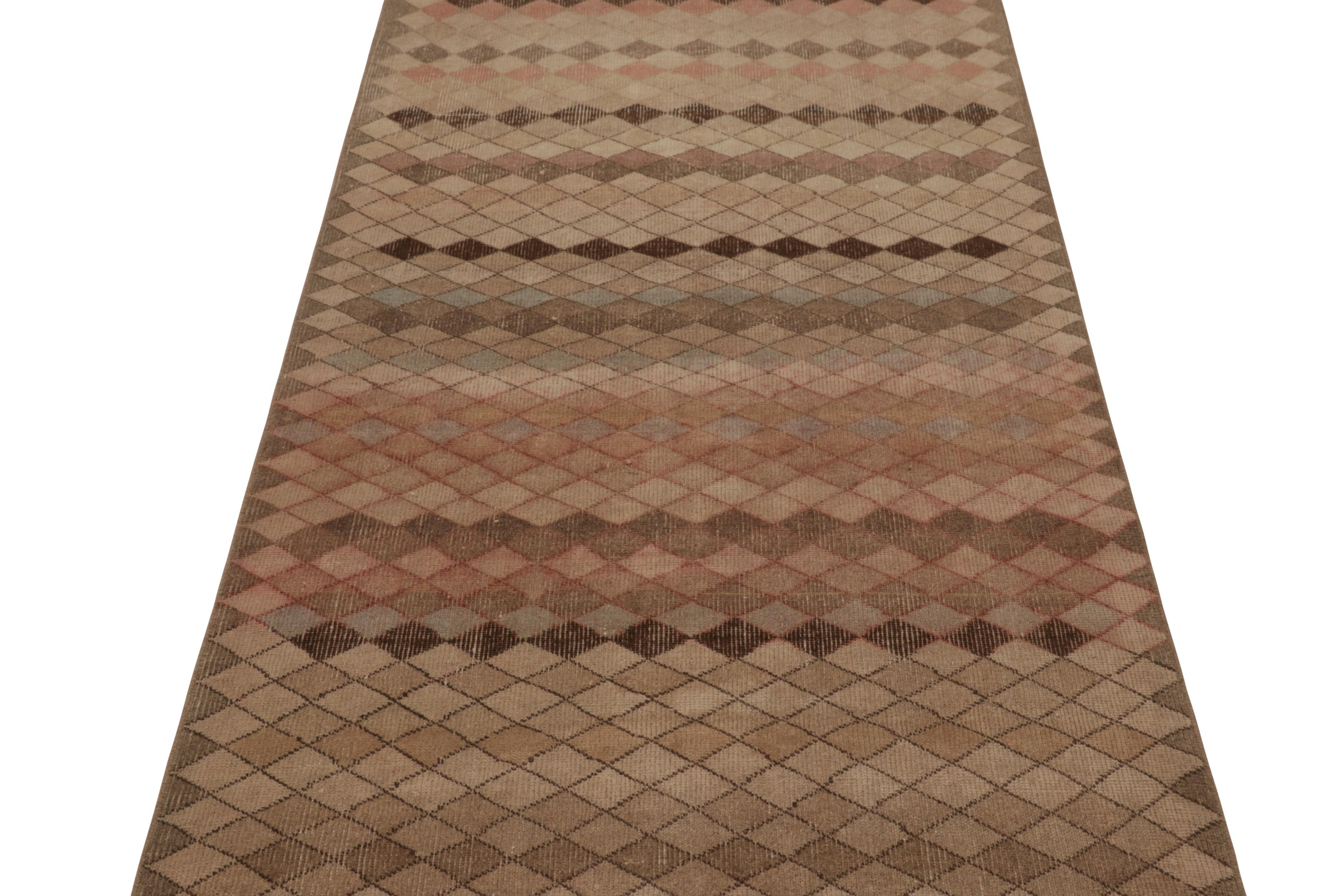 Made with hand-knotted wool circa 1950-1960, this 3x9 vintage Turkish runner rug of all over geometric design is an exciting new addition to the Rug & Kilim’s collection of eclectic mid-century rugs.

On the Design:

Admirers of the craft will