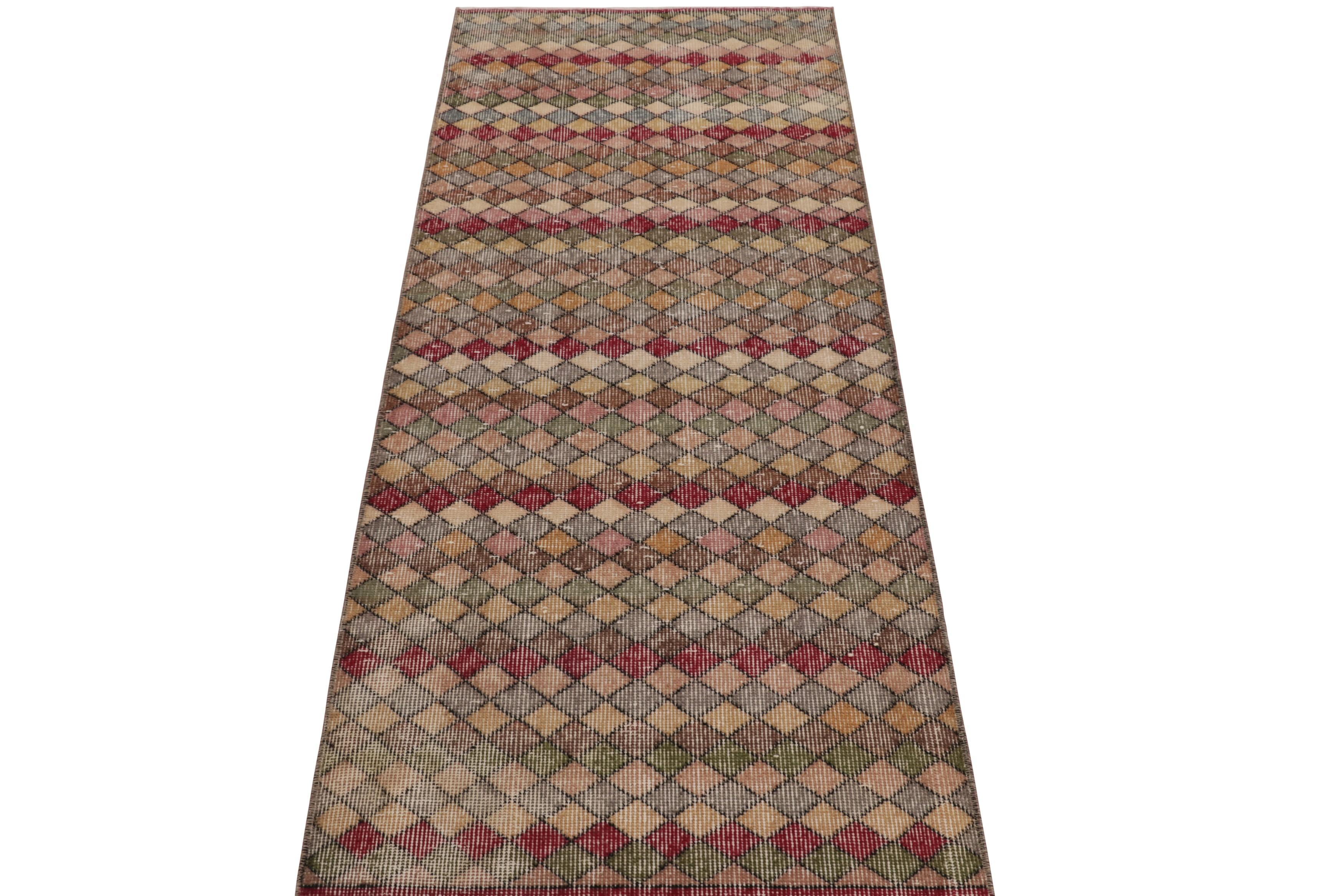 Vintage Turkish Runner Rug in Beige-Brown with Diamond Patterns  - Rug & Kilim In Good Condition For Sale In Long Island City, NY